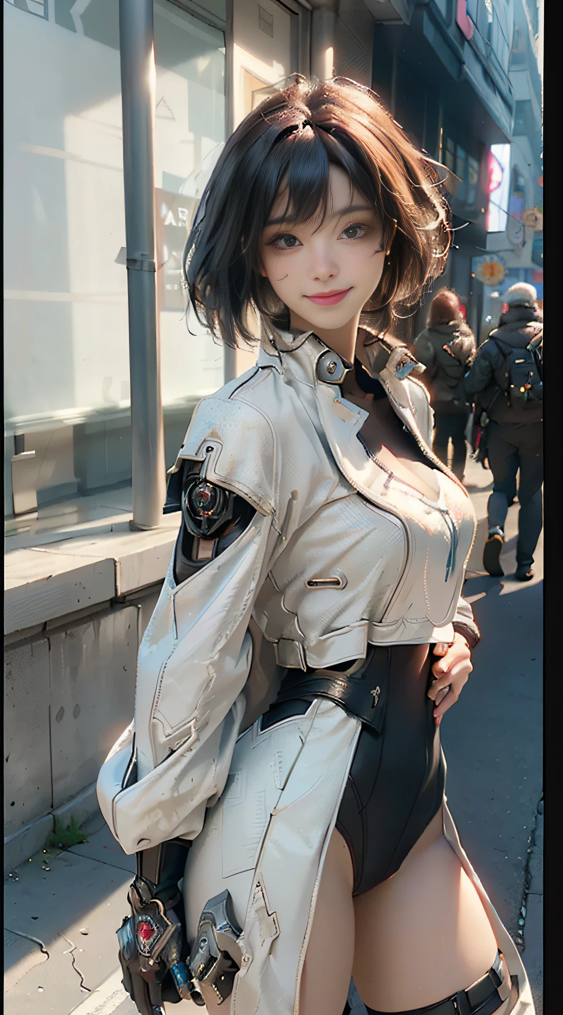 ((Best Quality)), ((Masterpiece)), (Detail: 1.4), 3D, A Beautiful Cyberpunk Female Figure, Smile, Street Photography, Shopping Mall, HDR (High Dynamic Range), Ray Tracing, NVIDIA RTX, Super-Resolution, Unreal 5, Subsurface Scattering, PBR Texture, Post Processing, Anisotropic Filtering, Depth of Field, Maximum Sharpness and Clarity, Multi-layer Texture, Albedo and Highlight Maps, Surface Shading, Accurate simulation of light-material interactions, perfect proportions, Octane Render, two-color light, large aperture, low ISO, white balance, rule of thirds, 8K RAW,