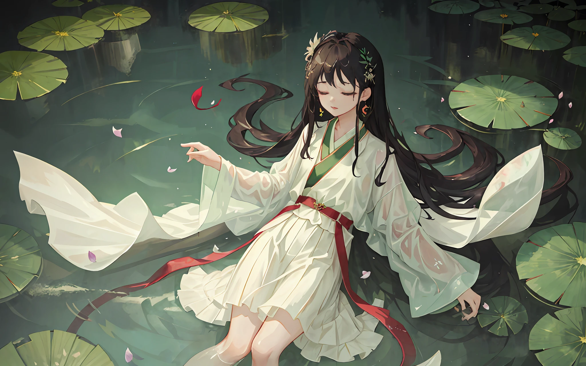 Dark green Hanfu, a woman, cool, fair skin, sea of flowers, pond, petals floating on the water, lily, clavicle, eyes closed, half submerged in water, dark background, moonlight, hairpin, jade pendant, Hanfu, delicate faces, hair accessories, red lips, skirts, belts, jewelry, long hair, earrings, , strands of hair, perfect body proportions, wet, slender legs, bridges,