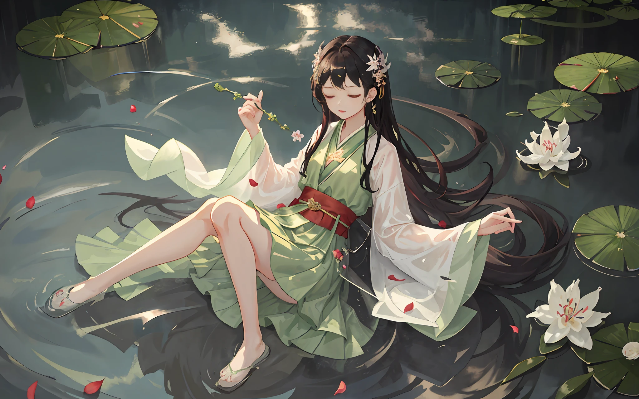Dark green Hanfu, a woman, cool, fair skin, sea of flowers, pond, petals floating on the water, lily, clavicle, eyes closed, half submerged in water, dark background, moonlight, hairpin, jade pendant, Hanfu, delicate faces, hair accessories, red lips, skirts, belts, jewelry, long hair, earrings, , strands of hair, perfect body proportions, wet, slender legs, bridges,