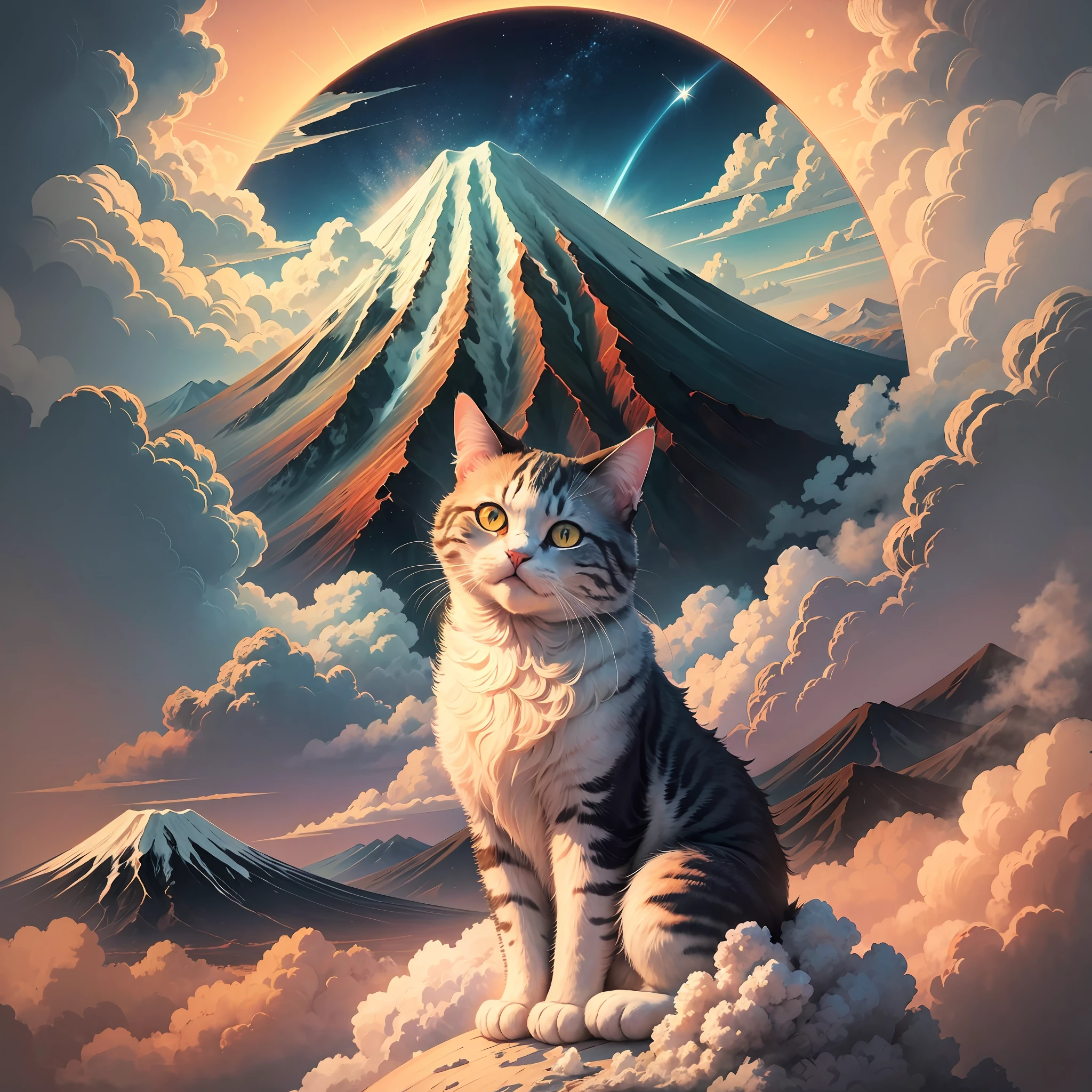 Beckoning cat sitting on clouds with Mt. Fuji in the background, clouds, shining light, sea of clouds, soul, myth, rising sun, rising sun, mt. Fuji, cat, beckoning cat, cute, ukiyo-e --auto --s2