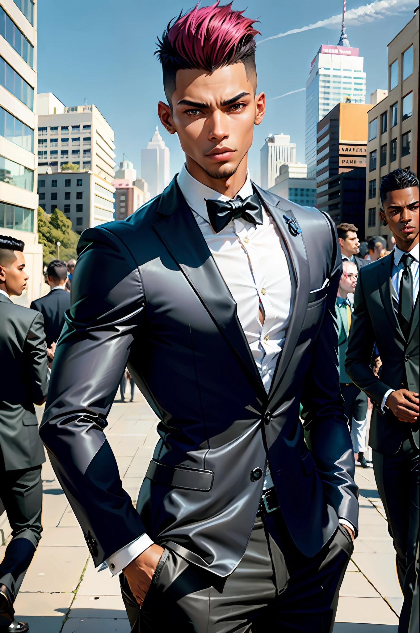 1boy, black Brazilian male, (male:1.5), grey eyes, slender eyes, (very short hair:1.3), under_cut, Pompadour, ((formal)), ((suit)), ((handsome, sharp, wild facial features,)))), (robust muscular body), (robust physique), teen, young, boy, underwear, naked, pink hair, muscles, real, real skin, realistic, ultra realistic, realistic

SFW, outdoor, detailed background, modern metropolis,