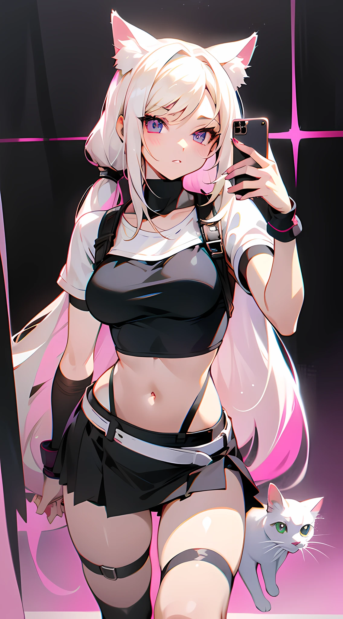 blonde woman in a pink top and black skirt taking a selfie with her cat, with white long hair, her hair is white, perfect white haired girl, with long white hair, tifa lockhart with white hair, with black pigtails, white cat girl, girl with white hair, with long blond hair, 18 years old, anime vibes