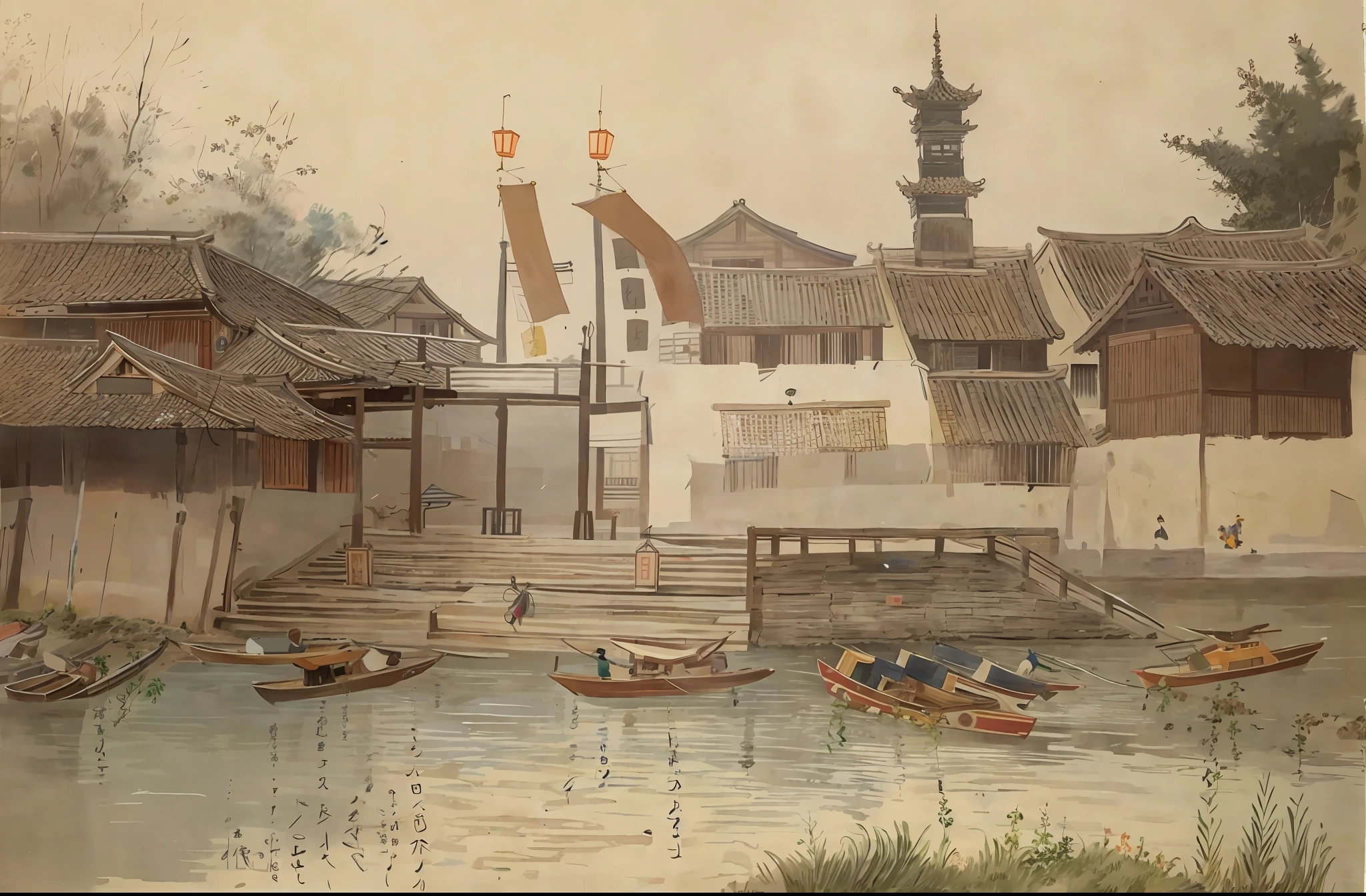 picture,photorealistic,Traditional southern Chinese town,living antique,song dynasty,tiled roof,light mortar wall,pier, wide masonry steps along the river bank ,wooden boat, Chinese bricks tower,piece of long flags and string of lanterns hung on high flagpoles, spring, tree, reflection, clear river clear water,dusk,船夫,行人,牌坊