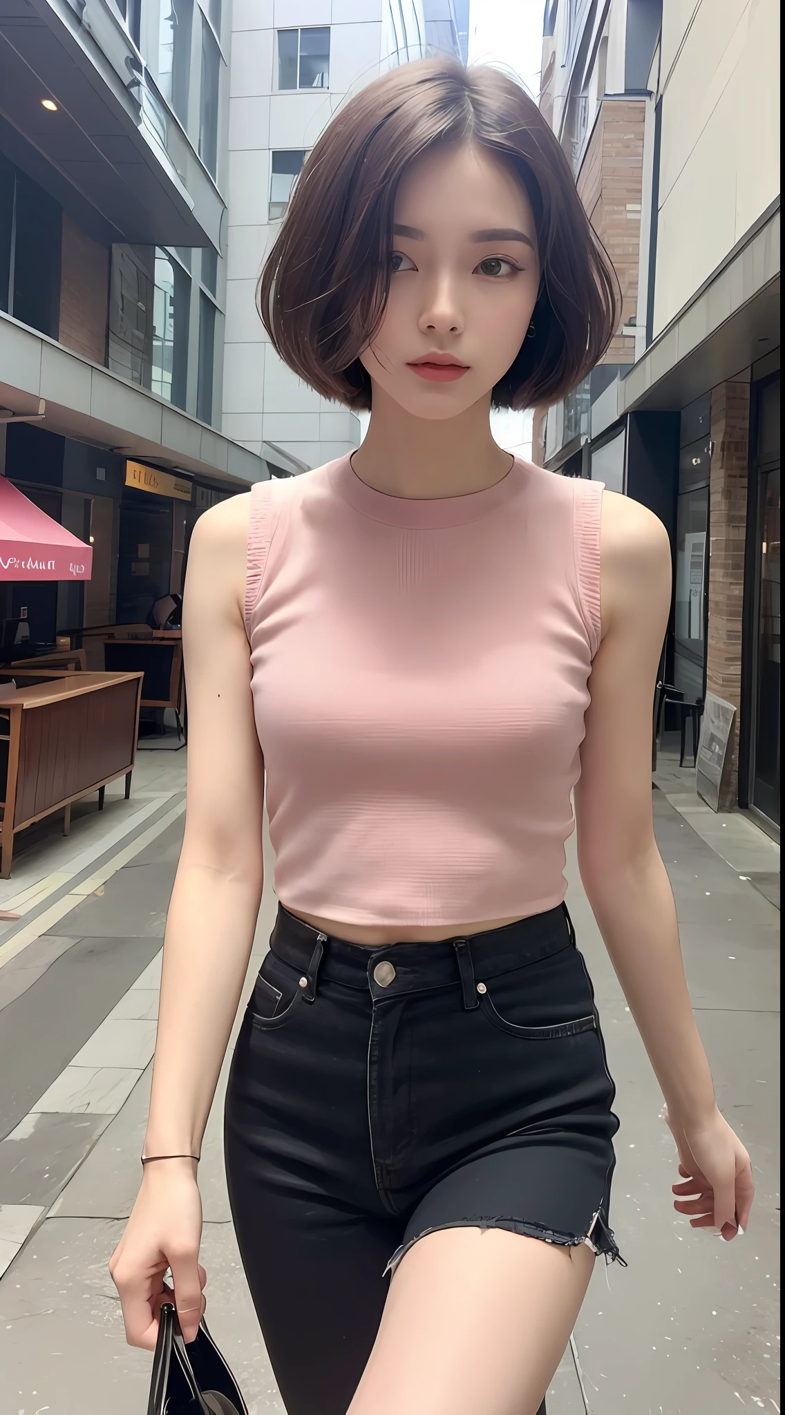 (Top Quality, 16k, Masterpiece: 1.3)), 1 Girl, Sharp Focus: 1.2, Beautiful Woman with Perfect Figure: 1.4, Slender Abs: 1.2, (((Short Bob Hair)), ((Small: 1.4)), ((Beautiful Face Idol: 1.3)), ((Pink Sleeveless 1.5)), Highly Detailed Face and Skin Texture, Detailed Eyes, Double Eyelids, (((Pause)), (Seductive)), Walking Street, modern urban building