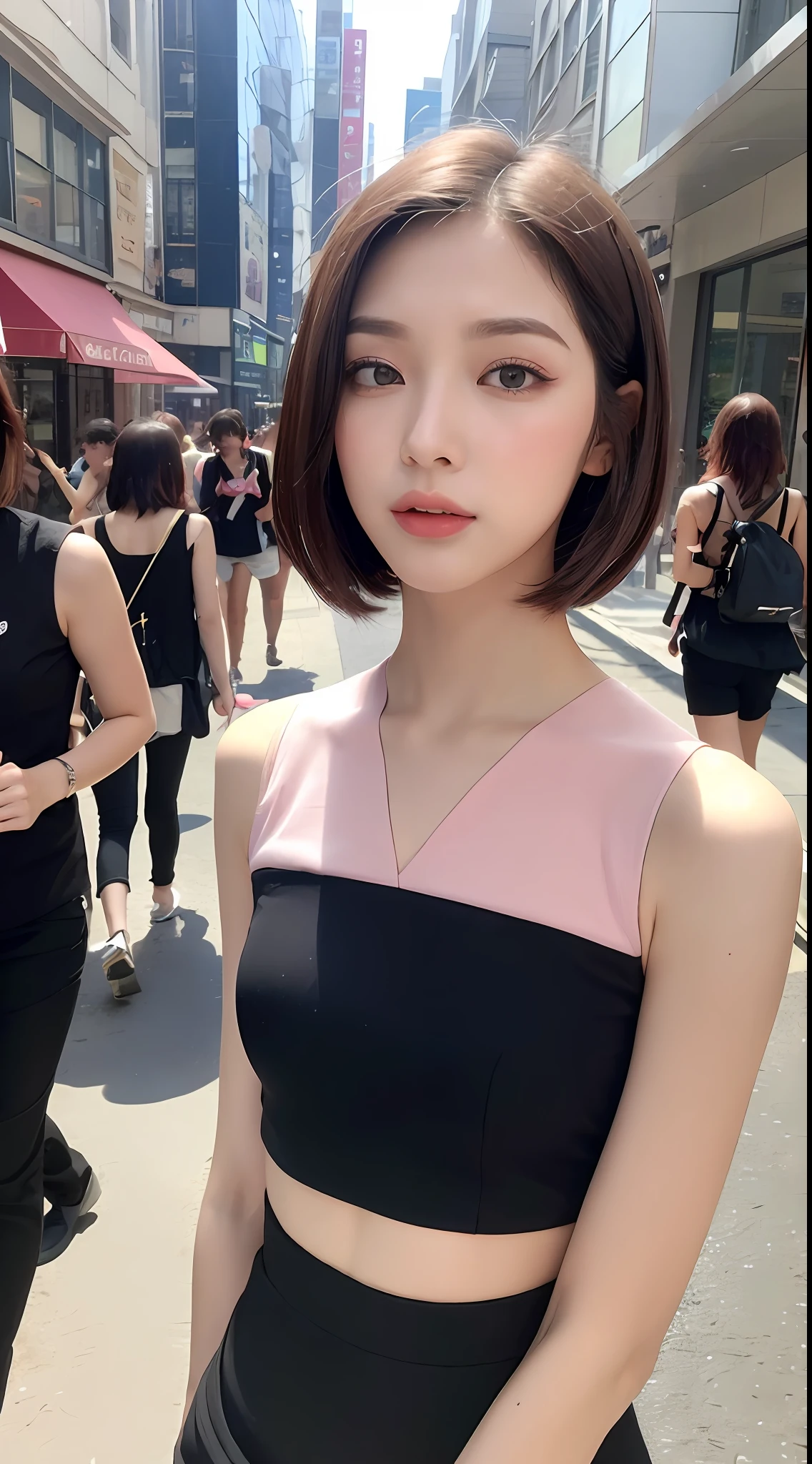 (Top Quality, 16k, Masterpiece: 1.3)), 1 Girl, Sharp Focus: 1.2, Beautiful Woman with Perfect Figure: 1.4, Slender Abs: 1.2, (((Short Bob Hair)), ((Small: 1.4)), ((Beautiful Face Idol: 1.3)), ((Pink Sleeveless 1.5)), Highly Detailed Face and Skin Texture, Detailed Eyes, Double Eyelids, (((Pause)), (Seductive)), Walking Street, modern urban building