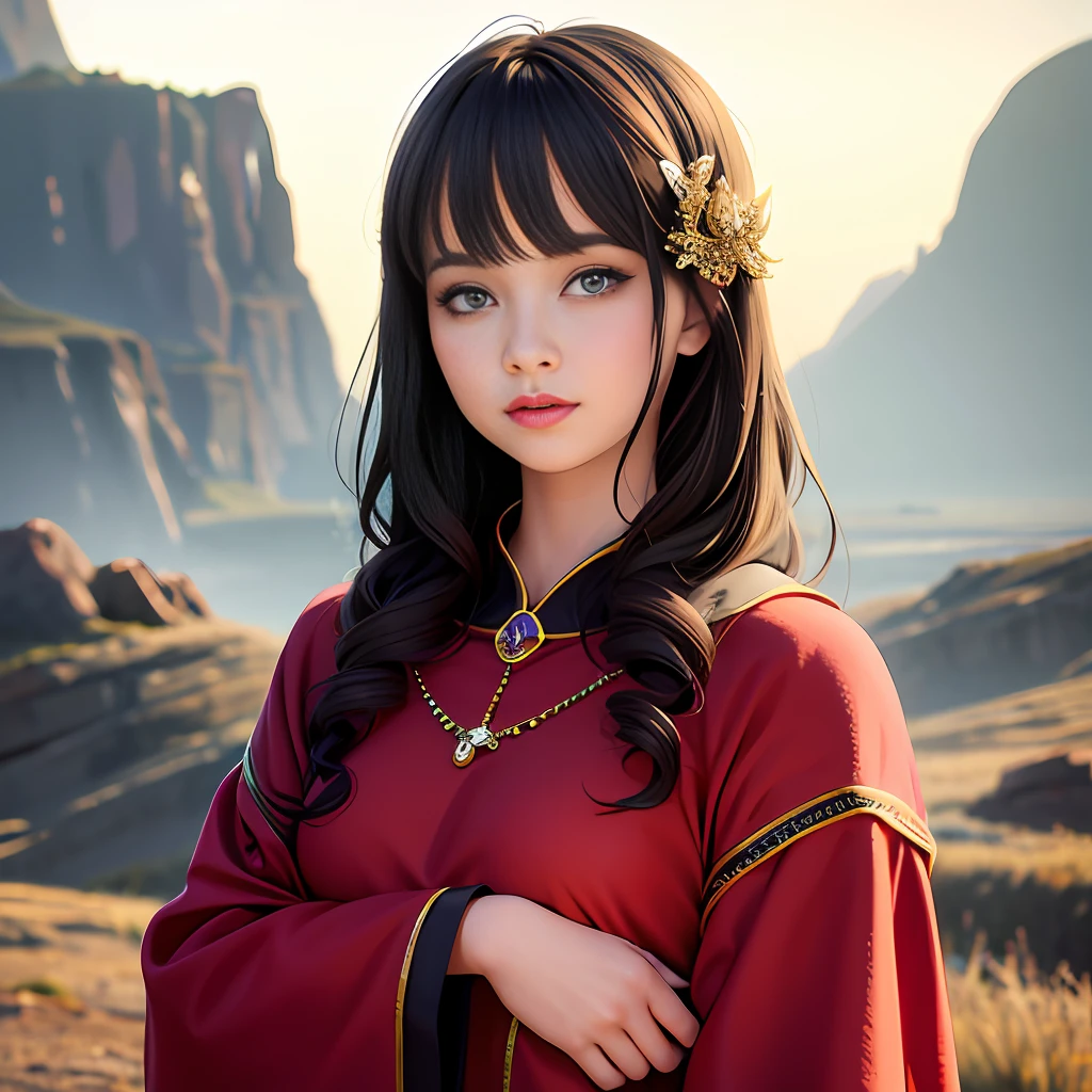 1 girl, (extreme skin luster: 1.4), (extreme light and shadow changes), (gorgeous costume: 1.5), (detailed face and eyes: 1.3), (shiny colored eyes: 1.5), intricate hair decoration.

The young girl in the painting is dressed in a red robe, as if her snow-white face is more delicate under the lining. She slightly tilts her head and her gaze is calm, as if she is thinking about something. The mountains and the sky in the background are finely depicted, making the whole painting look more realistic.

(realism: 1.3), (extreme complexity: 1.2), (realistic photo: 1.3), (surrealism: 1.4), volumetric lighting, cinematic lighting, cinematic effects, portrait of a girl.