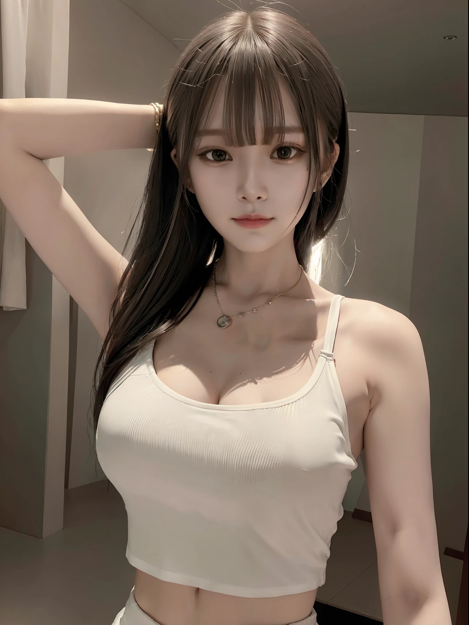 Crop top hansohee, necklace, bangs, smile edge lighting, two-tone lighting, dim, understated, ultra-realistic realistic textures dramatic lighting unrealengine artstation, winning photo, nikon raw photo, 8 k, Fujifilm XT3, masterpiece, best quality, realistic, photorealistic, ultra detailed, extremely detailed face,