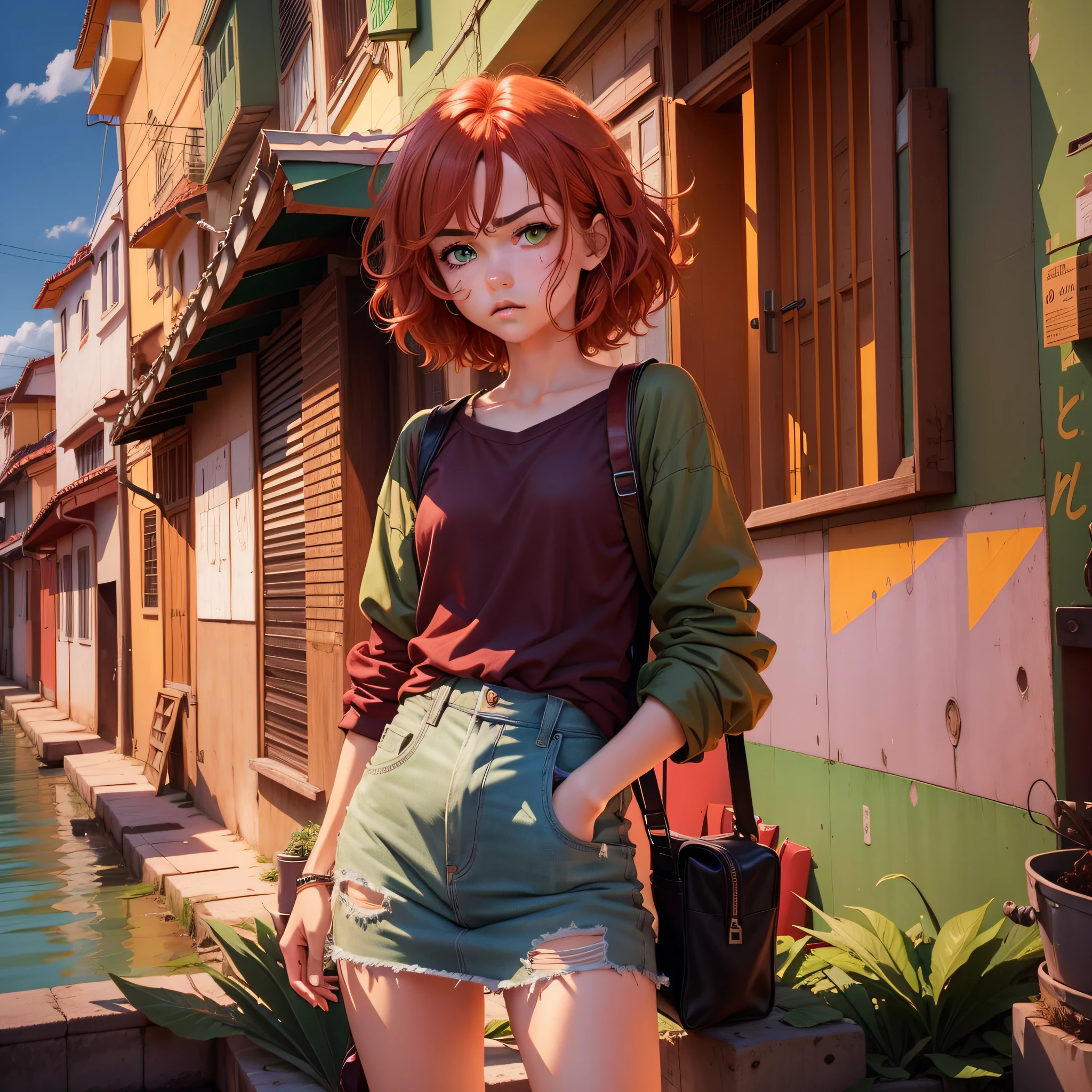 green eyes, 2d character, anime style, green eyes, disheveled hair, dry hair, red hair, sad face, round nose, brown skin, brazilian --auto --s2