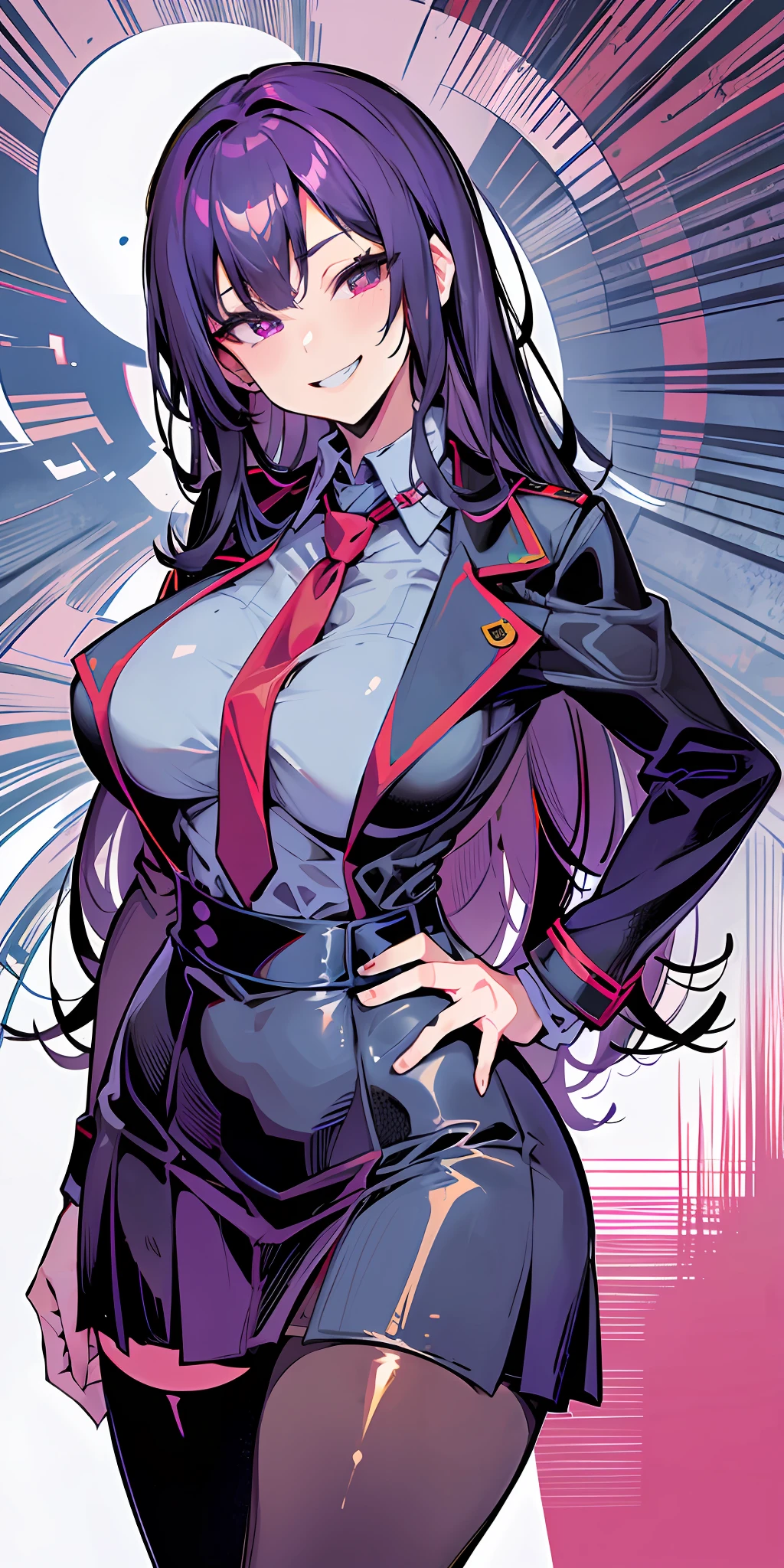 (Masterpiece: 1.6, Best Quality), (Fine and Beautiful Eyes: 1.2), (Overhead), High Quality, Beautiful Face, 1girl, Leather Tight Skirt, Extra Large Leather Jacket, Big Tits, Long Hair, Wide Hips, (Landscaped), Street, Background, Detail Background, Spooky Grin, Angled Laughter at the Corners of Mouth, Long Coat, Shirt, Tie, Office Lady, Mature