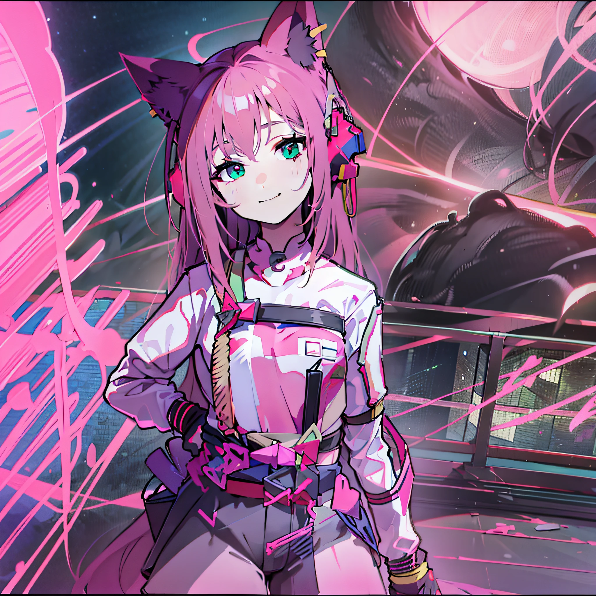 Anime girl with pink hair and cat ears standing in front of pink background, anime style 4 K,, best anime 4k konacan wallpaper, holo is wolf girl, anime mecha aesthetics, high quality anime art style, very beautiful anime cat girl, anime style. 8K