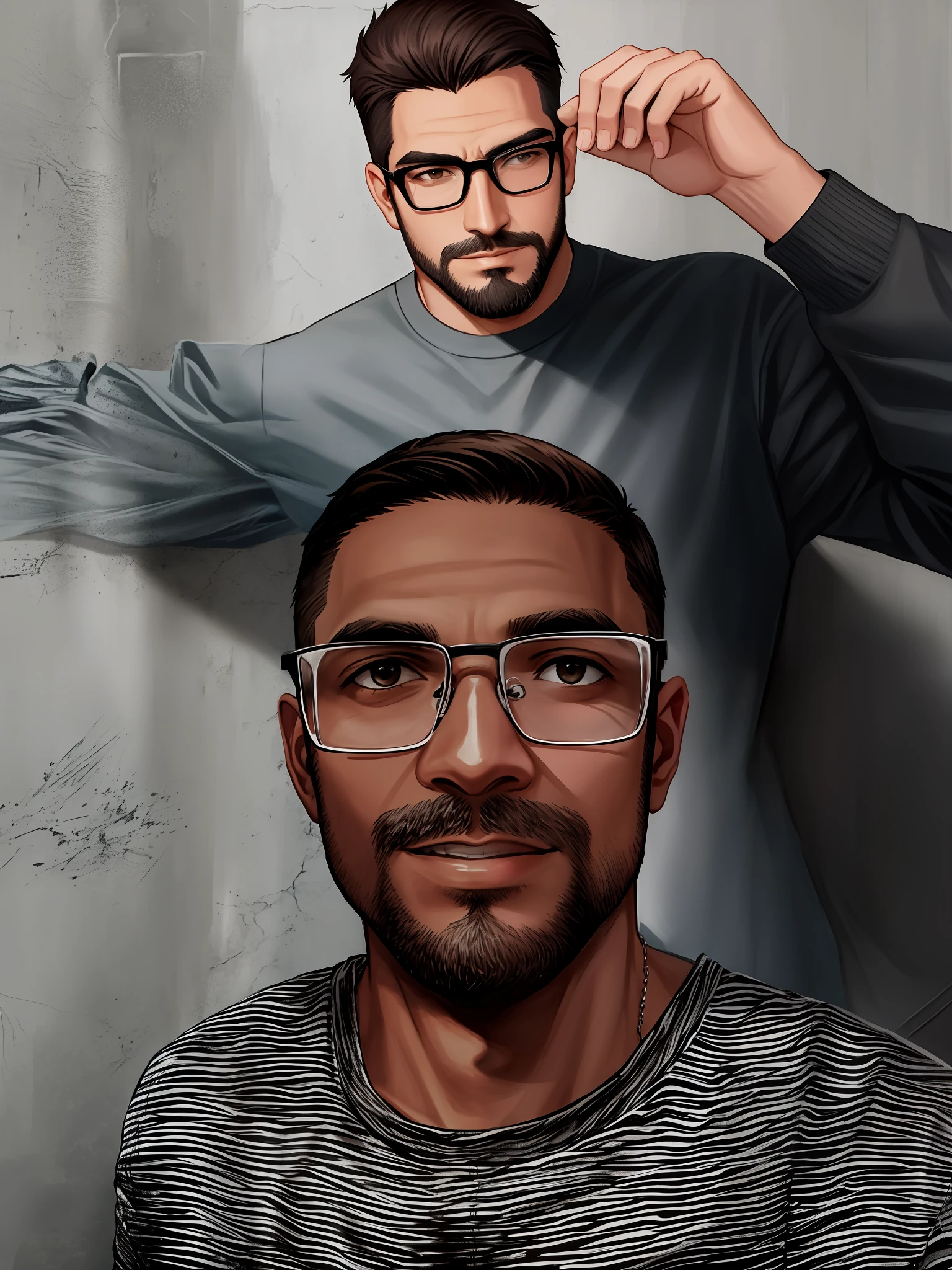 There is a man with black glasses and a gray shirt looking at camera, front photo, high quality image, thin beard, with a gray wall in the background, brown skin