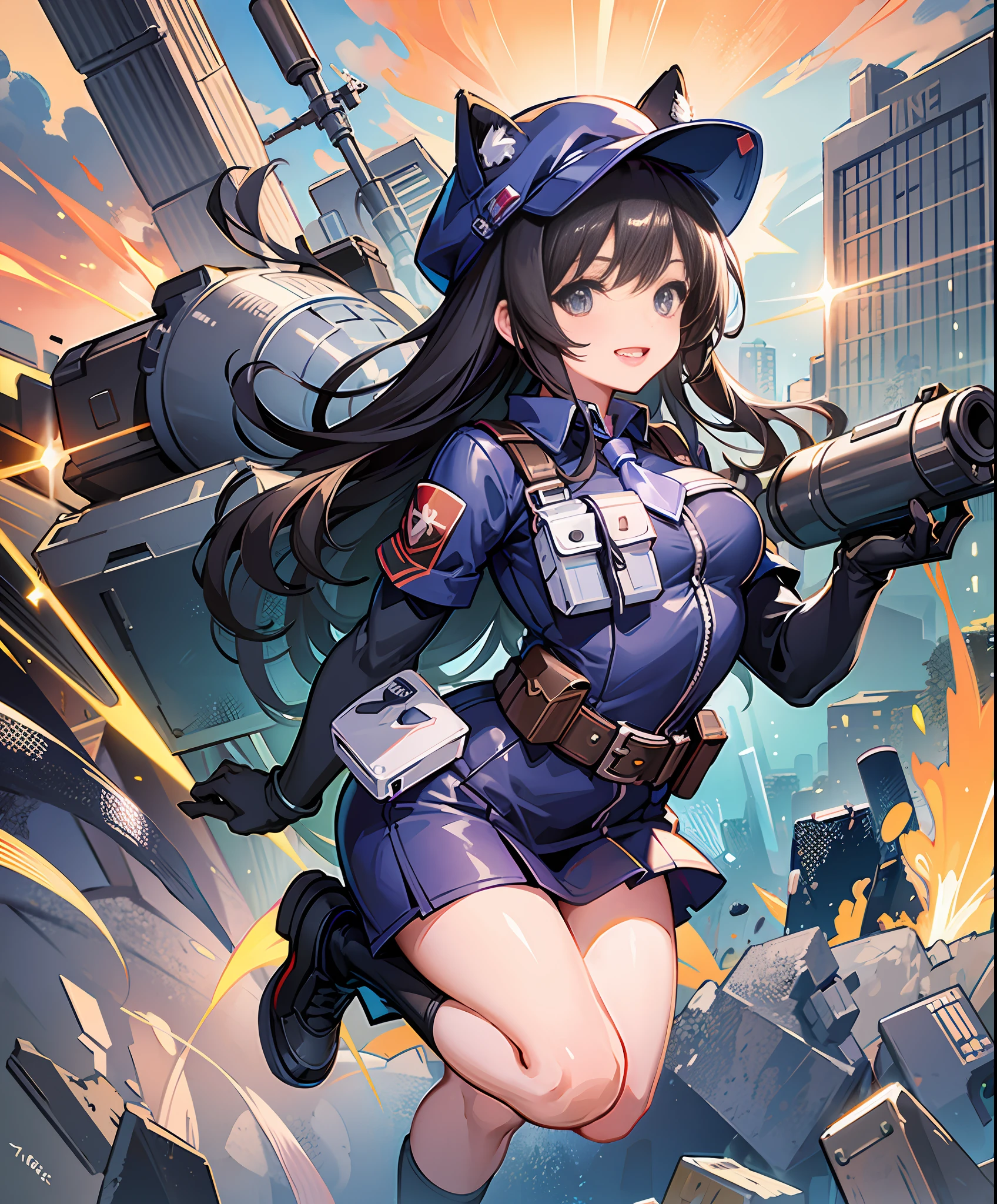 (Rocket Launcher: 1.3), Squadron, Rocket Launcher Carry, Love Rocket Launcher, Hero, Girl, Hero Costume, Ally of Justice, Transform into a Hero, Town, Cute, Masterpiece, High Definition, 16k, Illustration, Detailed Hands, Detailed Feet, Wide Angle, Full Body, Smile