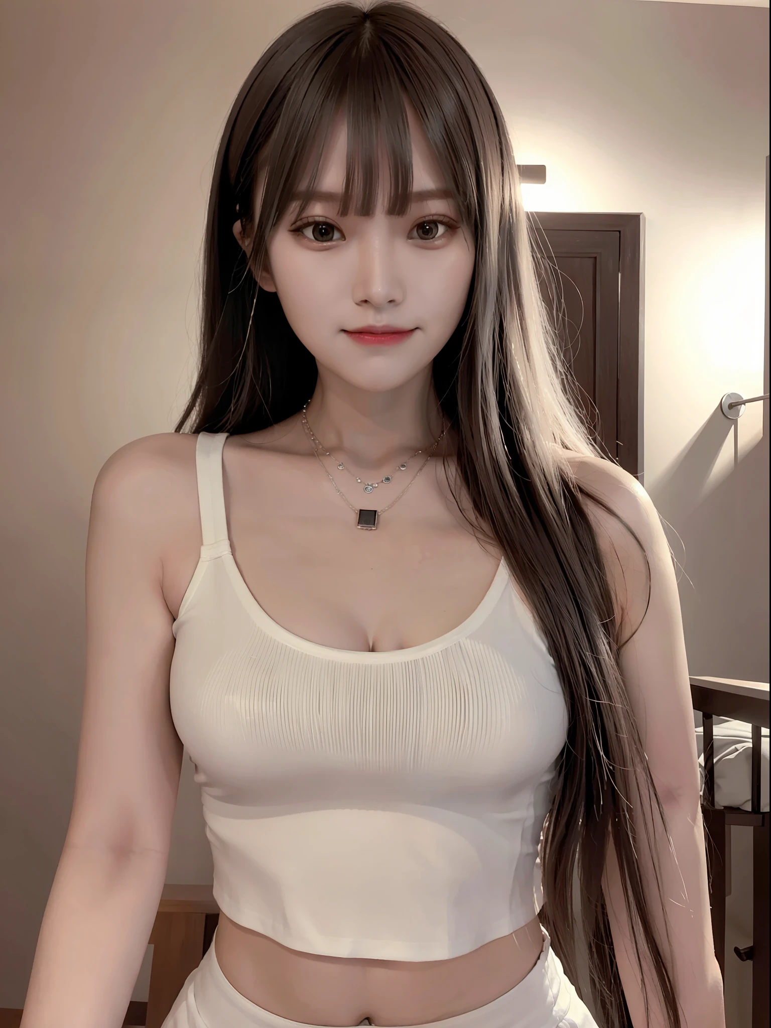 Crop top hansohee, necklace, bangs, smile edge lighting, two-tone lighting, dim, understated, ultra-realistic realistic textures dramatic lighting unrealengine artstation, winning photo, nikon raw photo, 8 k, Fujifilm XT3, masterpiece, best quality, realistic, photorealistic, ultra detailed, extremely detailed face,