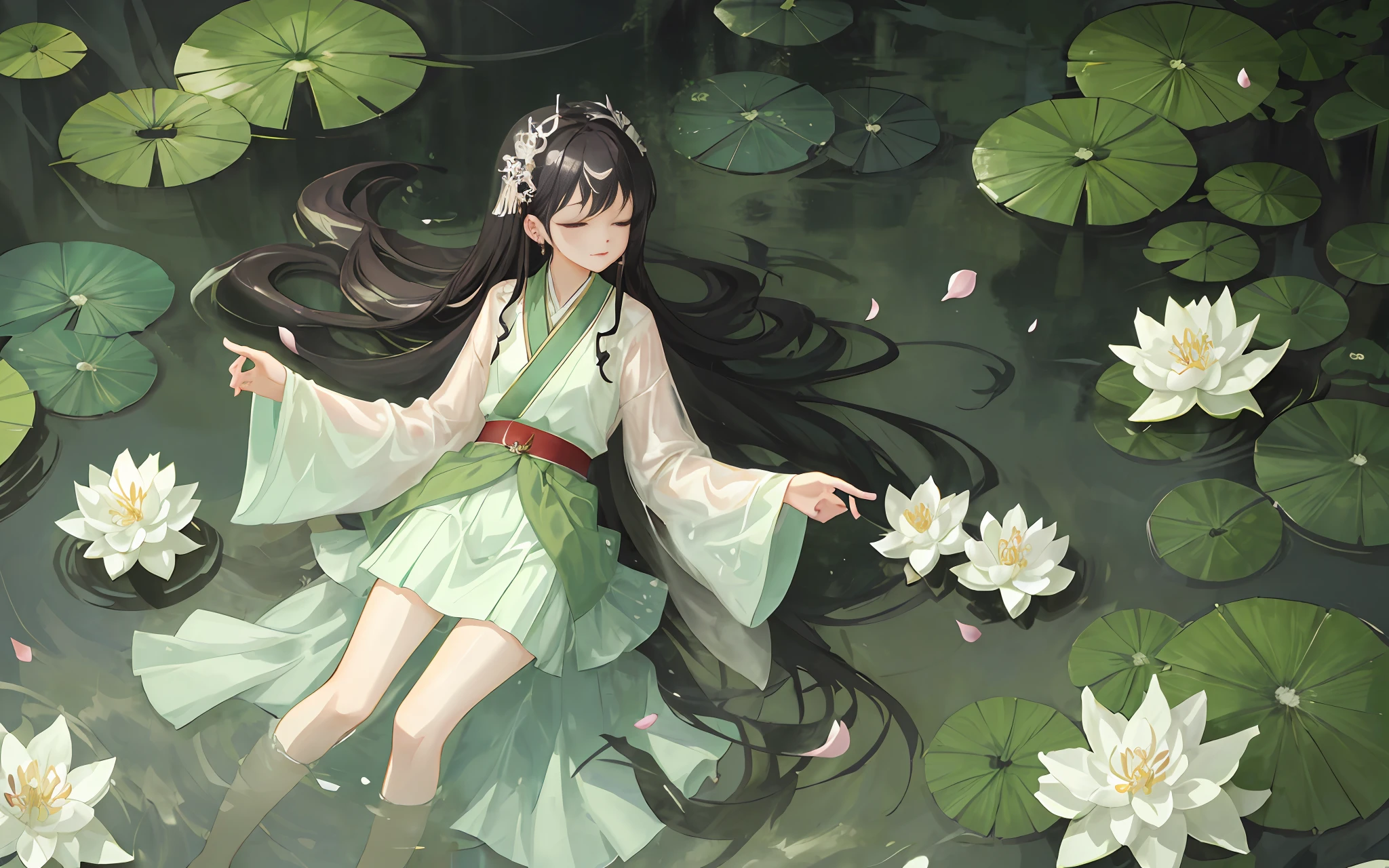 Dark green Hanfu, a woman, cool, fair skin, sea of flowers, pond, petals floating on the water, lily, clavicle, eyes closed, half submerged in water, dark background, moonlight, hairpin, jade pendant, Hanfu, delicate faces, hair accessories, red lips, skirts, belts, jewelry, long hair, earrings, , strands of hair, perfect body proportions, wet, slender legs, bridges,