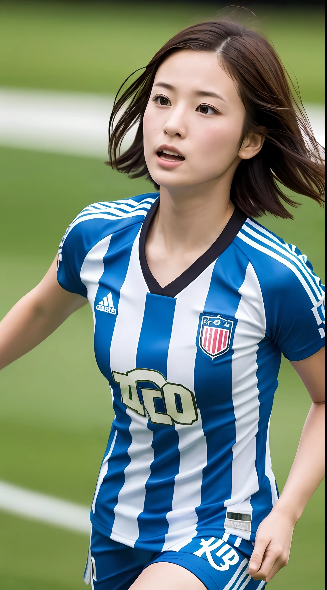 ((top quality, 8k, masterpiece: 1.3)), sharp focus: 1.2, cute woman: 1.4, ((layered haircut)), (light blue and black border pattern football uniform), (sunny, street: 1.2), highly detailed face and skin texture, detailed eyes, double eyelids, white skin, curly bob cut, brown-haired, cute young Japan woman, 22 years old, Beautiful soccer player running towards the ball on a soccer field, at a dynamic angle, creating melancholy emotions characterized by calming tones and contrasting mixes of light and shadow, while emphasizing the subject's hair, eyes, mouth and action, in a composition pleasing to the eye and suggestive.