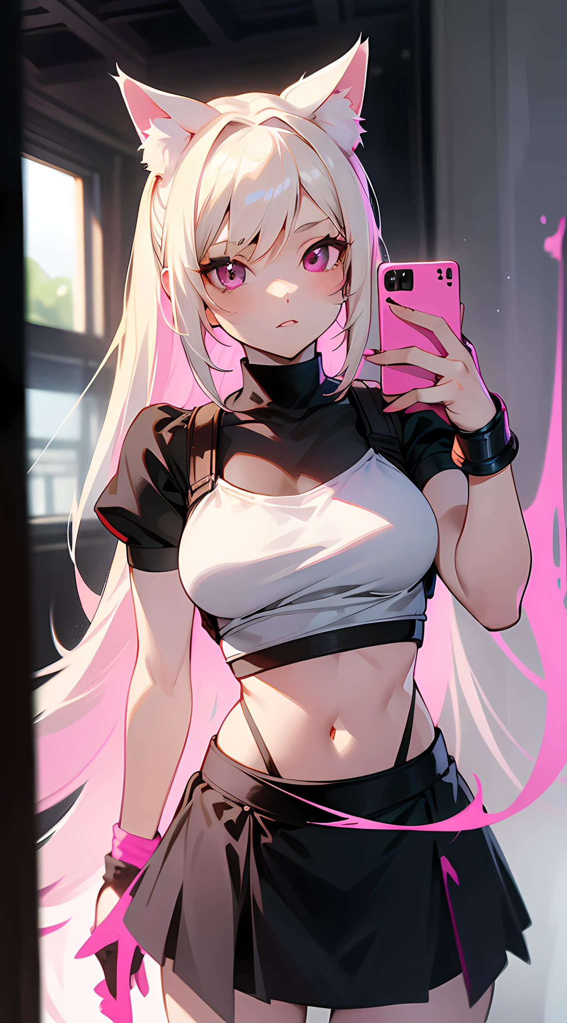 blonde woman in a pink top and black skirt taking a selfie with her cat, with white long hair, her hair is white, perfect white haired girl, with long white hair, tifa lockhart with white hair, with black pigtails, white cat girl, girl with white hair, with long blond hair, 18 years old, anime vibes