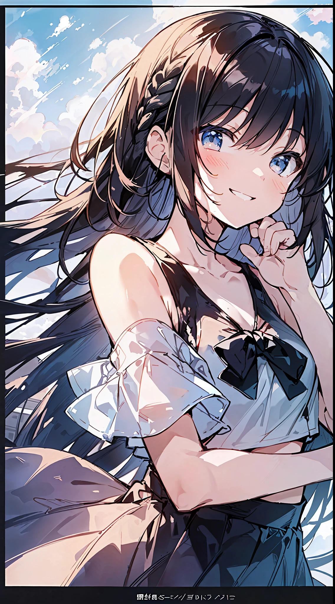 Top Quality, Masterpiece, Ultra High Definition, 8K, Summer Sky, Early Summer, (((flared skirts, cropped tops)), Shojo Manga style loli, Single, Soft line art, Digital enhancement, Shojo Manga Touch, Shojo Manga Core, Flowing fabric, Close Up, (Hair length to shoulders and short braid)), wet hair, staring at us from the front, soft drawing, beautiful black hair, Clear eyes, (((teasing smile)), ultra-detailed digital anime art, clear face depiction, ultra-detailed shoujo manga character art, ultra-detailed manga style, top quality colors, hand gestures, landscape with nature, looking up at the sky, angle that can see up to your feet
