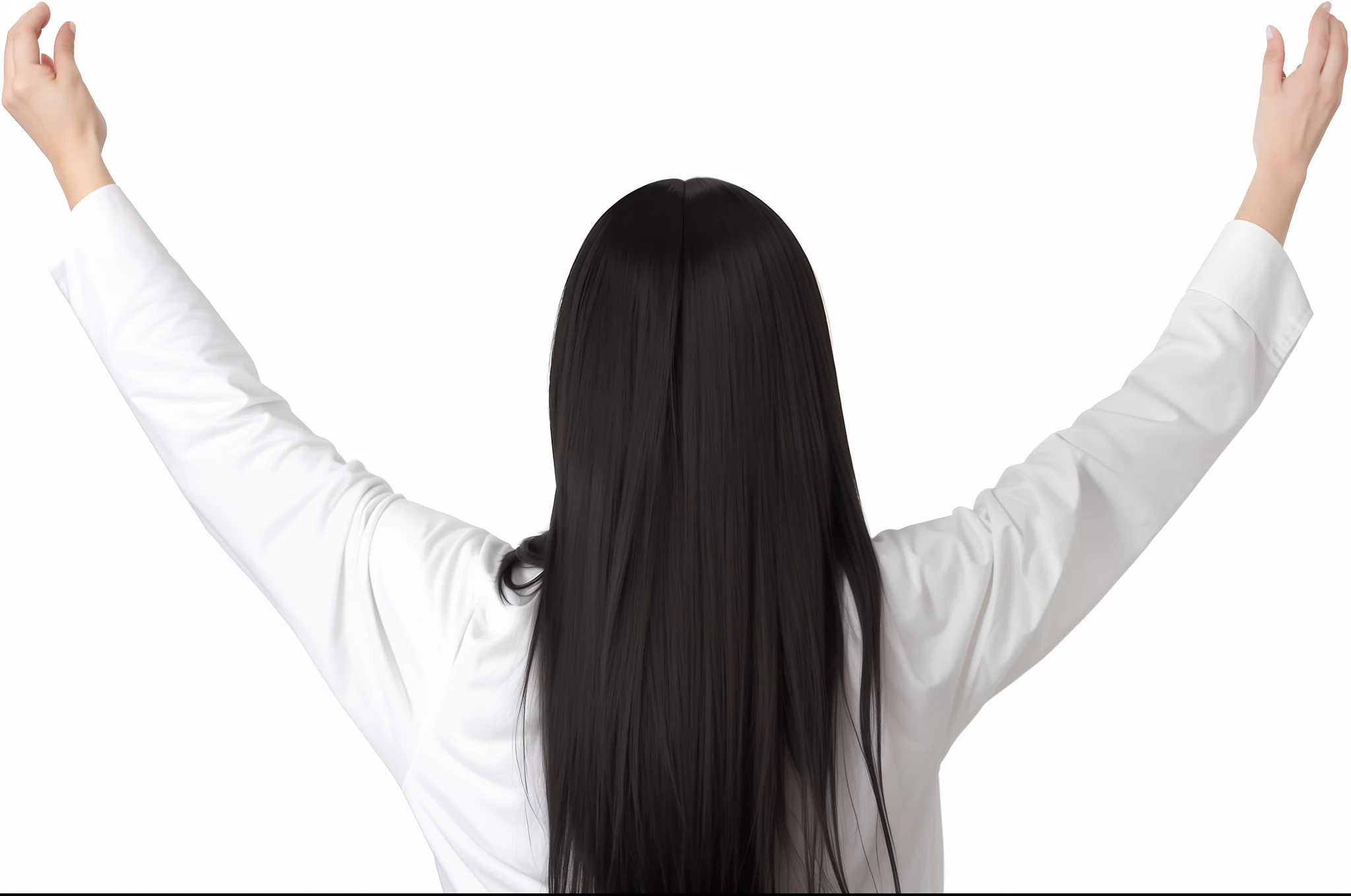 woman with long black hair raising her arms in the air, female with long black hair, the woman has long dark hair, pictured from the shoulders up, long free black straight hair, woman with black hair, stands in center with open arms, with arms up, facing away from camera, facing away from the camera, back facing the camera, arms stretched out