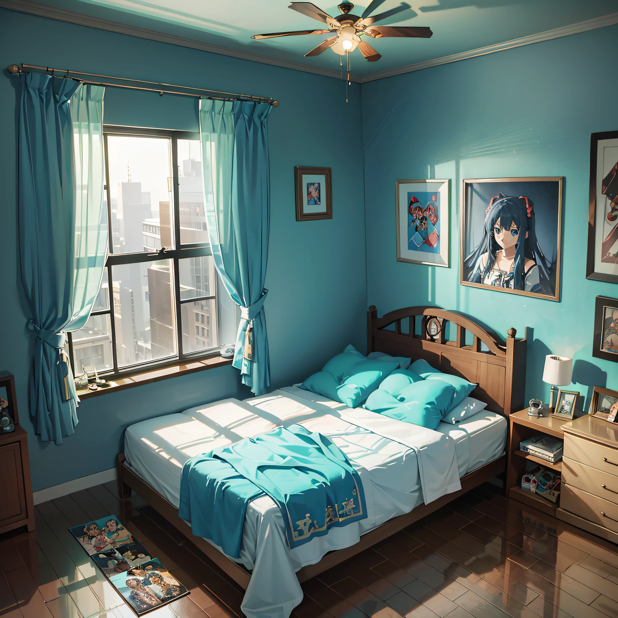 lease imagine a room belonging to a girl who is a big fan of anime. This room is filled with items and decorations related to anime. Use your imagination to provide a detailed description of the room and its elements. For example, there might be anime character posters, plush toys, a DVD collection, and figures. Also, consider the colors and theme of the walls, curtains, and floor in the room. What kind of atmosphere and distinctive features do you think the room would have? Please vividly describe the image of an anime otaku girl's room and have fun with it --ar 16:9 --s 750 --auto --s2