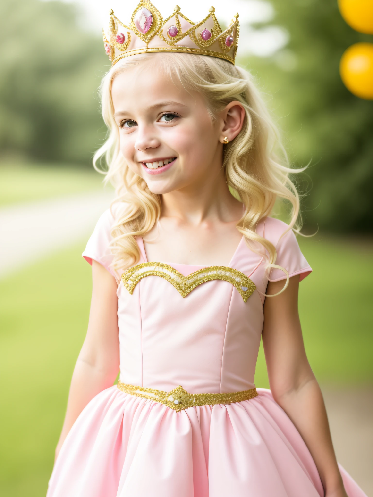 a photo of a girl dressed as a princess peach character, smiling, ultrarealistic, 8k, best quality, masterprice, natural skin texture, ((blonde)), ((pink dress)), gold crown, medium shot