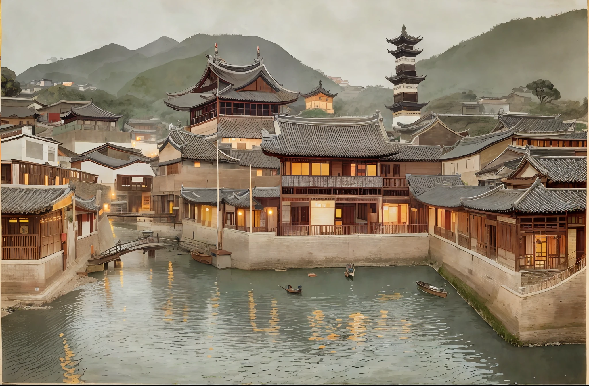 ink wash painting,Traditional southern Chinese town,ancient,song dynasty,tiled roof,light mortar wall,pier, wide masonry steps along the river bank ,wooden boat, Chinese bricks tower,piece of long beige flags and string of lanterns hung on high flagpoles, spring, tree, reflection, clear river clear water,dusk,船夫,行人,牌坊