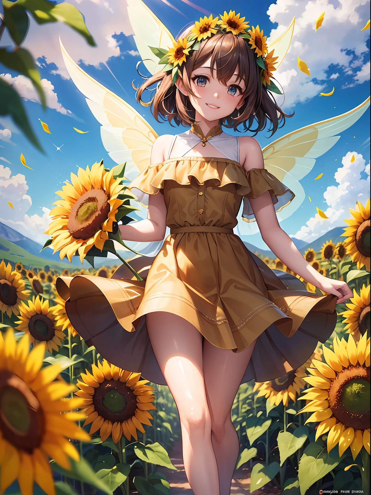 Girl, sunflower fairy, full body, with elven ears, fairy wings, beautiful detailed eyes. Eyes mixed with brown and blue. Brown natural permed hair. Short hair to the chin. Brown-burnt skin. Sunflower hair ornament. Tiara. Yellow dress. Fluttering miniskirt. Playing with sunflowers. The depth of field in the photo is perfect, and the lens flare adds a nice touch. Cheerful smile. For this photo the score is definitely over 10. The background is a flower field of sunflowers.