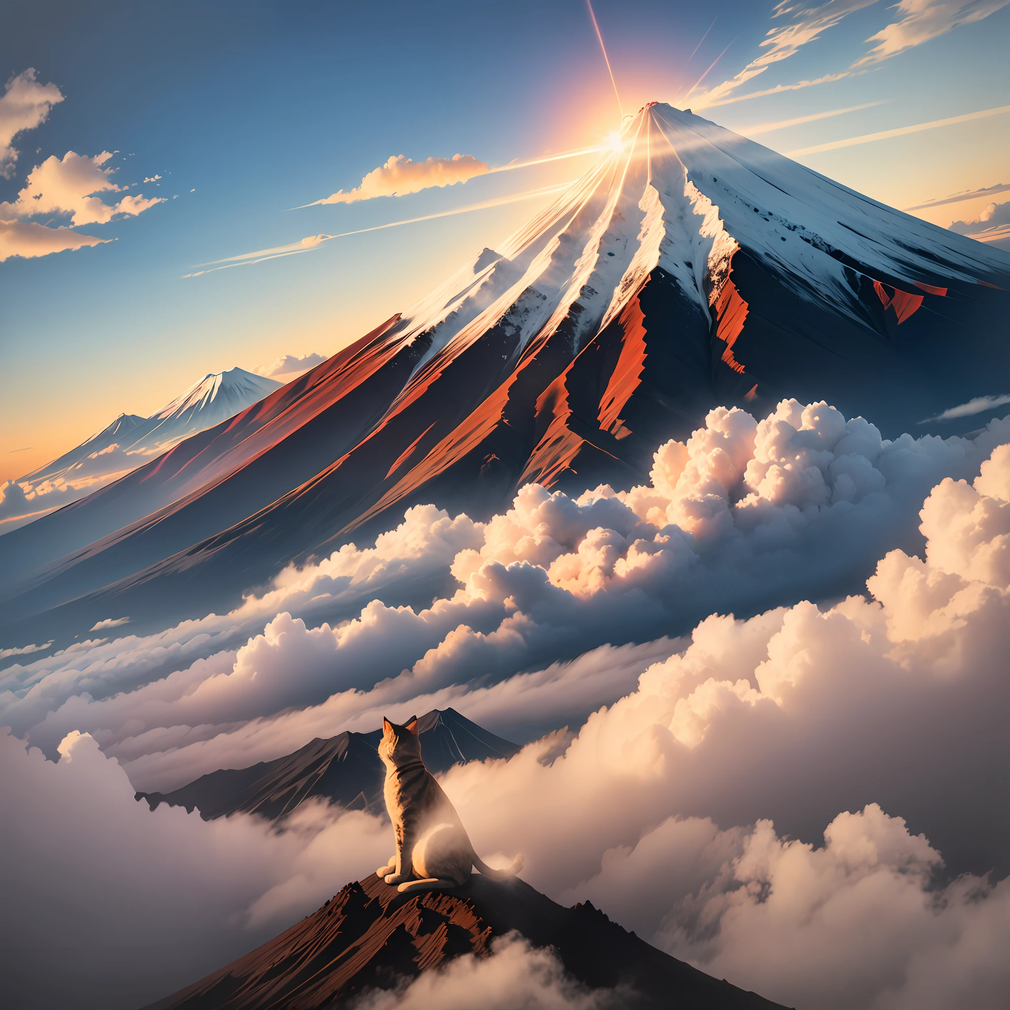 Beckoning cat sitting on clouds with Mt. Fuji in the background, clouds, shining light, sea of clouds, soul, myth, rising sun, morning sun, mt. Fuji, cat, beckoning cat, cute, --auto --s2
