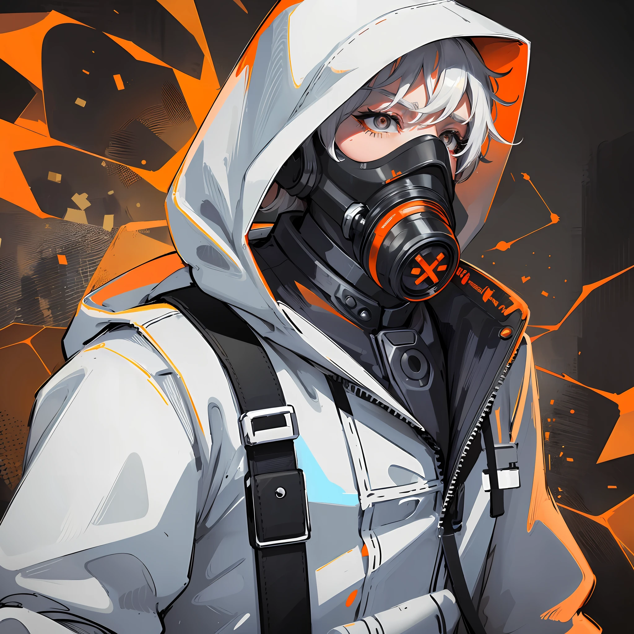 A man with gas mask with neon lights, looking at the viewer, side eye, white hood, gas mask, gas mask orange lights, X-shaped eyes, X-shaped eyes glowing orange, black gloves, white hood, bloodstained clothes, white clothes with blood, white coat, white vest --auto --s2