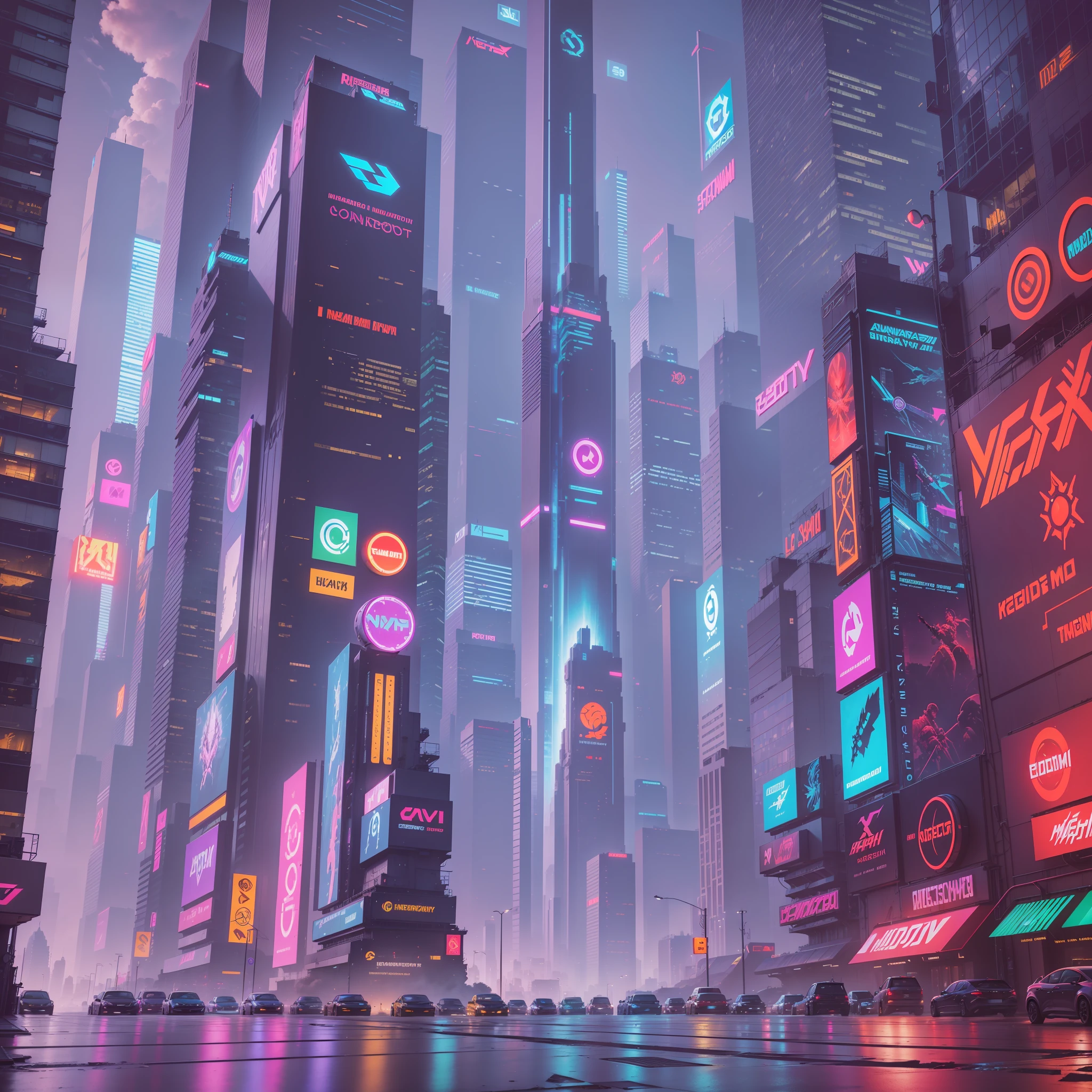 Generate a highly detailed, landscape-oriented banner image depicting a cyberpunk city in a 16:9 aspect ratio. The image should subtly but prominently incorporate elements of video games. Include intricate details that reflect the cyberpunk aesthetic, such as gleaming skyscrapers, flickering neon lights, holographic billboards, and bustling streets. Integrate iconic video game elements, such as masked characters, logos of well-known games, or references to popular titles, in a way that seamlessly blends with the cityscape. Leave a prominent space in the center of the image for inserting a custom logo. The logo should reflect your own design and can represent your brand, username, or any element you wish to highlight. Ensure that the logo integrates harmoniously with the rest of the image, complementing the cyberpunk aesthetic and gaming theme, and adding a distinctive personal touch to the overall composition. --auto --s2
