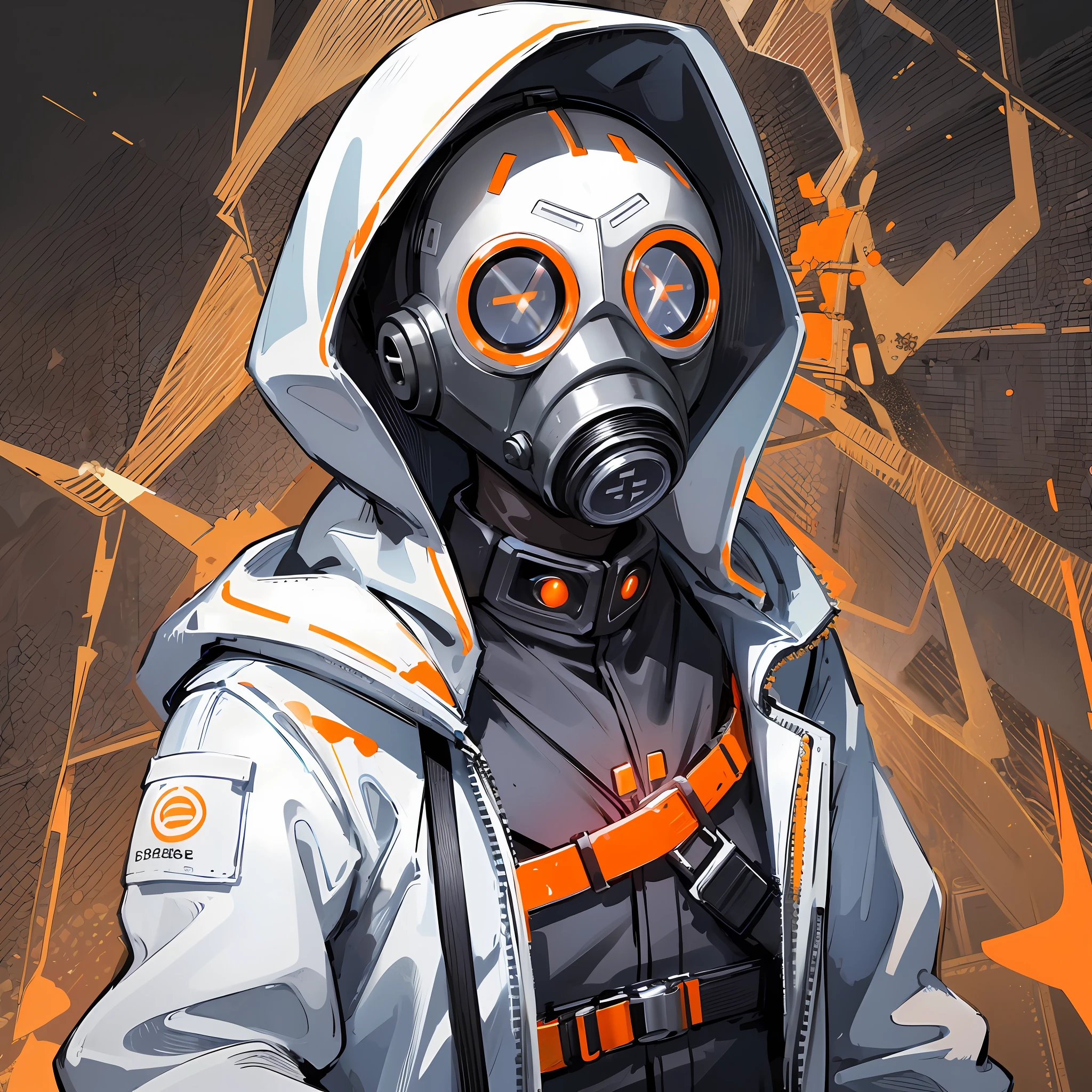 A man with gas mask with neon lights, looking at the viewer, side eye, white hood, gas mask, gas mask orange lights, X-shaped eyes, X-shaped eyes glowing orange, black gloves, white hood, bloodstained clothes, white clothes with blood, white coat, white vest --auto --s2