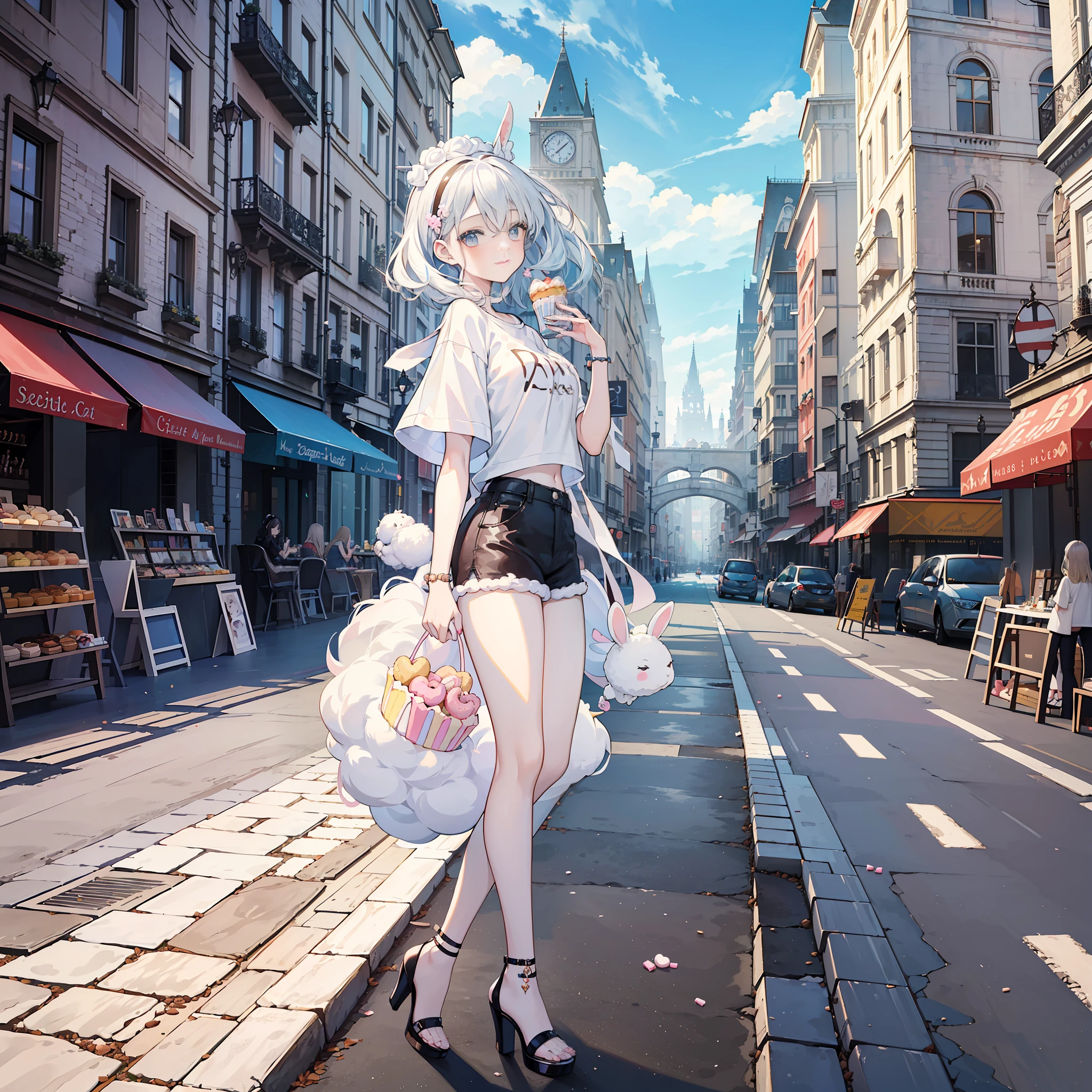 (masterpiece, top quality, best quality, official art, beautiful and aesthetic,1girl,:1.2),Happy, happy, oversized T-shirt and hot pants, high heel sandals, fashionable café, fluffy white rabbit, cake, macarons, donuts, cookies, tea, cute, cute, sweet, pastel colors, fluffy, sweet, pale shades