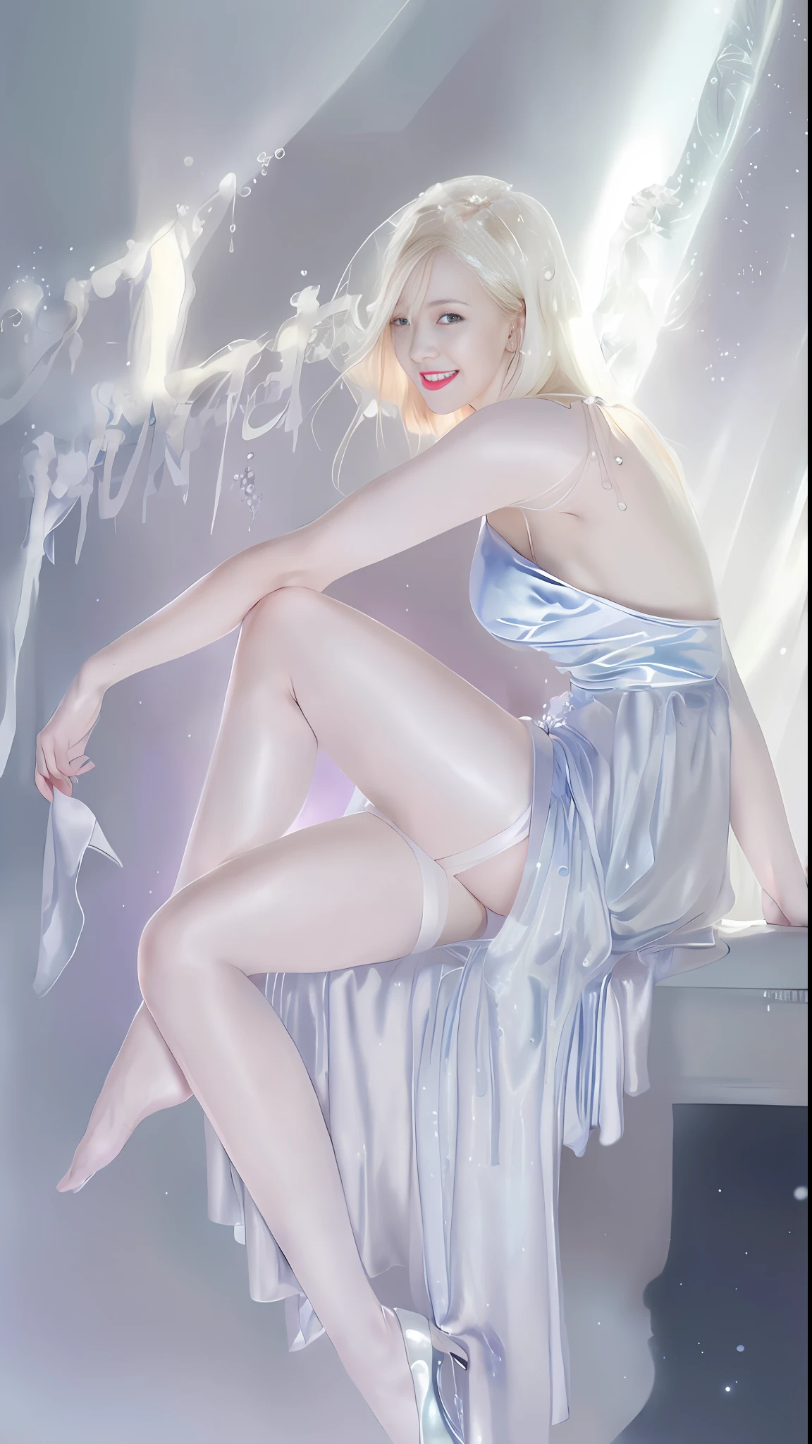 A woman in a silver dress with white fur draped over her shoulders, huge breasts sagging heavily into the shape of water droplets, (solo, smile, pale skin, blonde hair, korean mixed, kpop idol:1.2), (slender, skinny+thin thighs, cleavage:1.2)