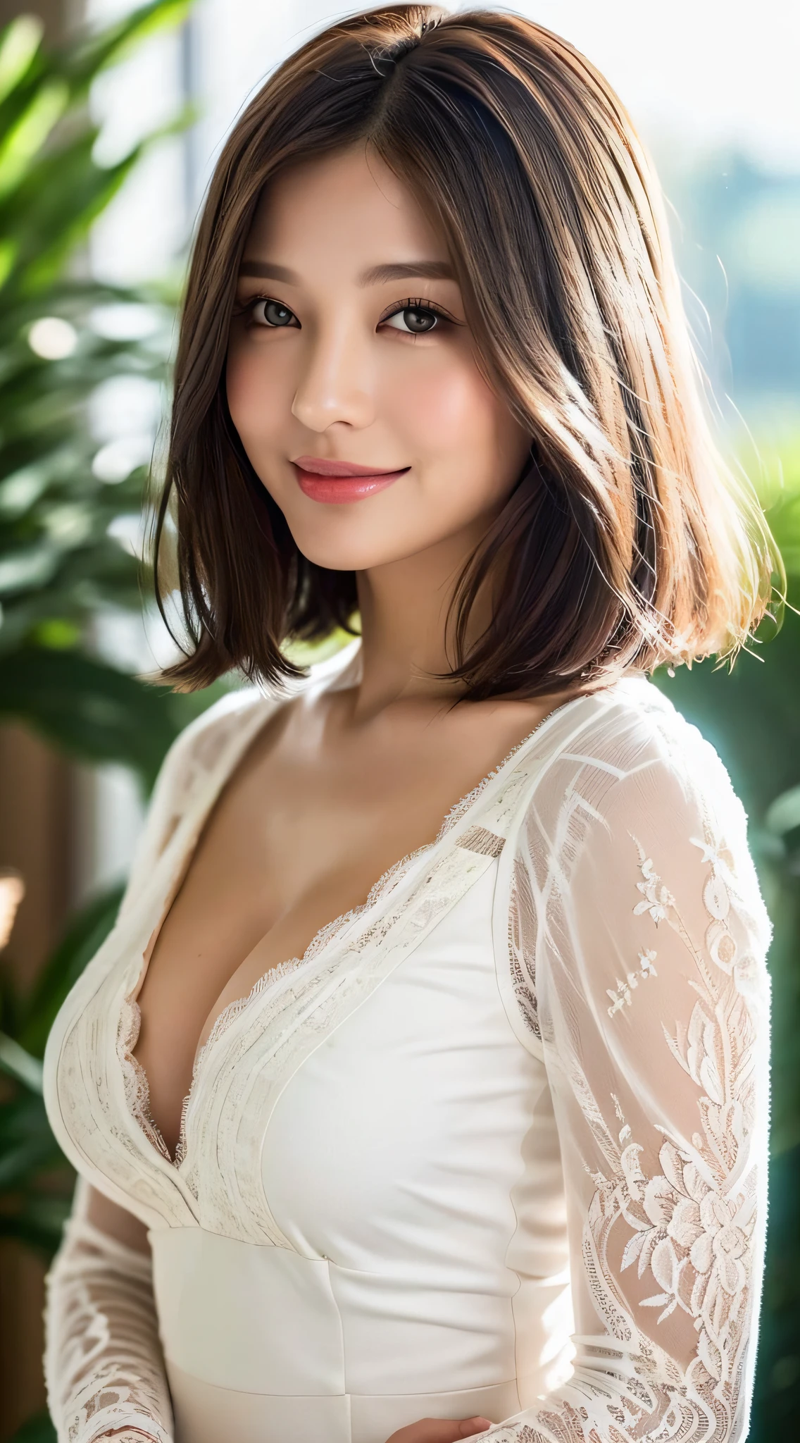 ((Natural Night Lighting, 8k, Top Quality, Masterpiece: 1.3)), (Realistic, Crisp Focus: 1.2), Very Delicate and Very Cute Woman: 1.4, ((1 Girl)), (Indoor, White Background), Perfect Style, Ultra Detailed, High Resolution, (Lace Dress with Black Sleeves: 1.1), (Dark Brown Hair, Medium Short, Layer Cut Hair: 1.2), cleavage, (Big, Full body: 1.3), highly detailed face and skin texture, highly detailed lip texture, red lips, beautiful detailed eyes, smile, shiny lips, eye makeup, front angle, head to knee angle, standing,