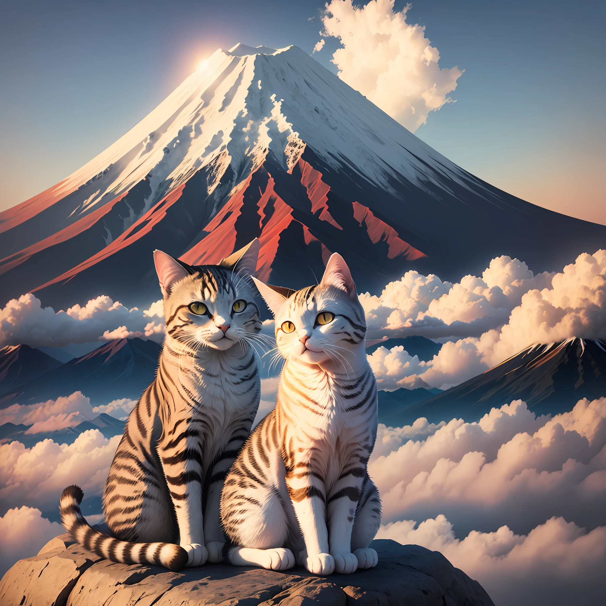 Beckoning cat sitting on clouds with Mt. Fuji in the background, clouds, shining light, sea of clouds, soul, myth, rising sun, morning sun, mt. Fuji, cat, beckoning cat, cute, --auto --s2