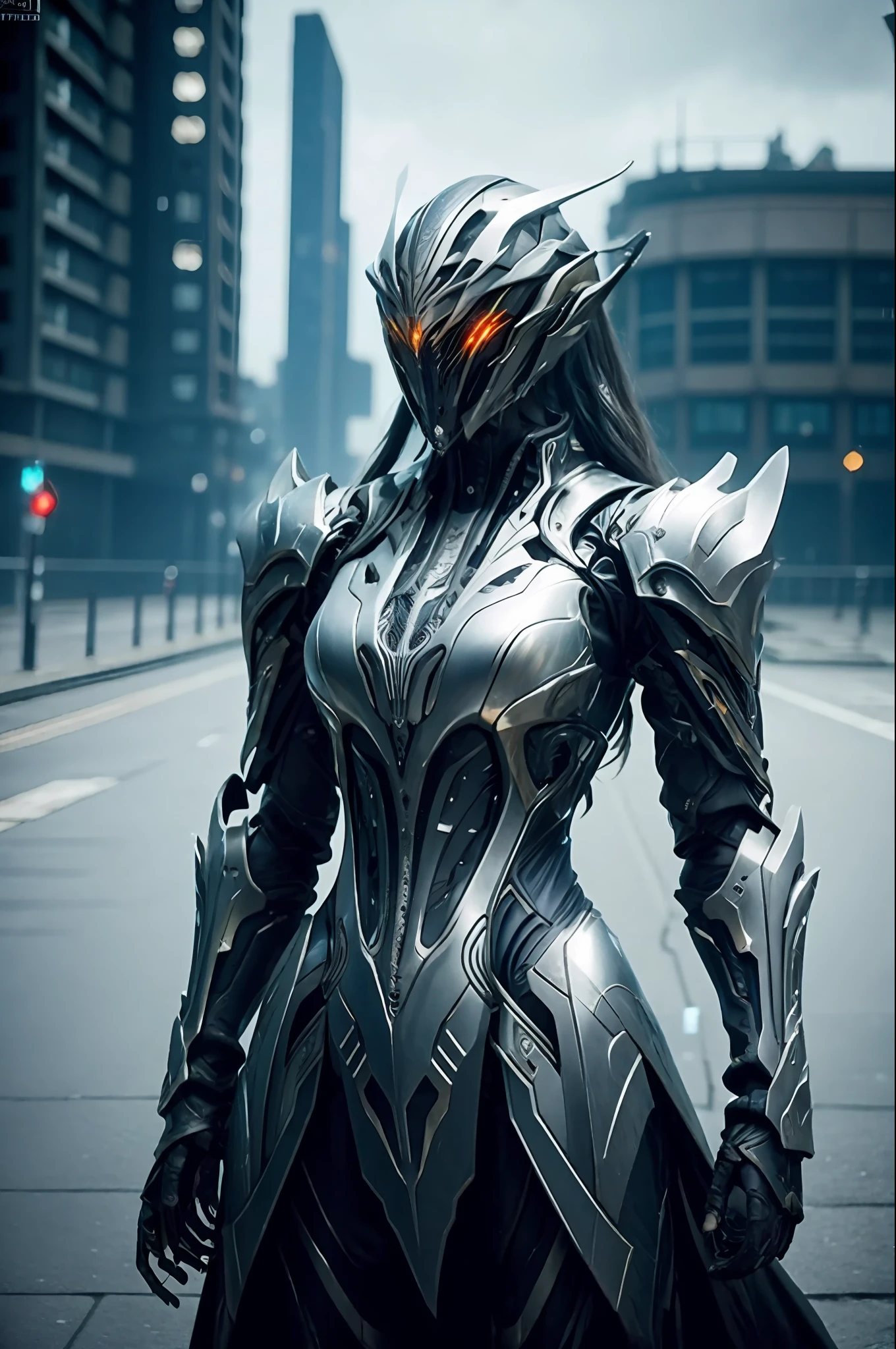 1 japanese girl, WARFRAME, intricate pattern, heavy metal, energy lines, faceless, glowing eyes, long silver hair, wind blown hair, elegant, intense, blood blue and black uniform, solo, modern, city, streets, dark clouds, thunderstorm, heavy rain,
dramatic lighting,
(masterpiece:1.2), best quality, high resolution, beautiful detailed, extremely detailed, perfect lighting,