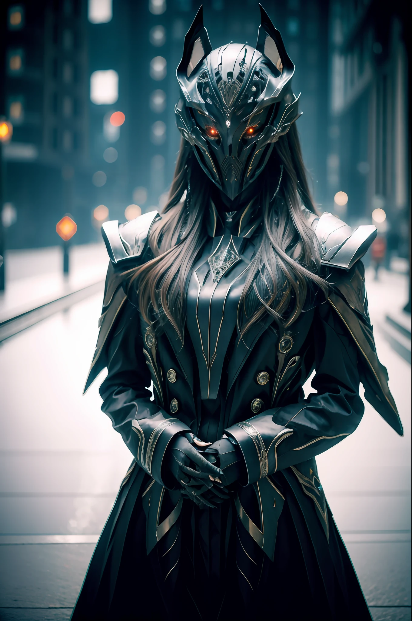 1 japanese girl, WARFRAME, intricate pattern, heavy metal, energy lines, faceless, glowing eyes, long silver hair, wind blown hair, elegant, intense, blood blue and black uniform, solo, modern, city, streets, dark clouds, thunderstorm, heavy rain,
dramatic lighting,
(masterpiece:1.2), best quality, high resolution, beautiful detailed, extremely detailed, perfect lighting,