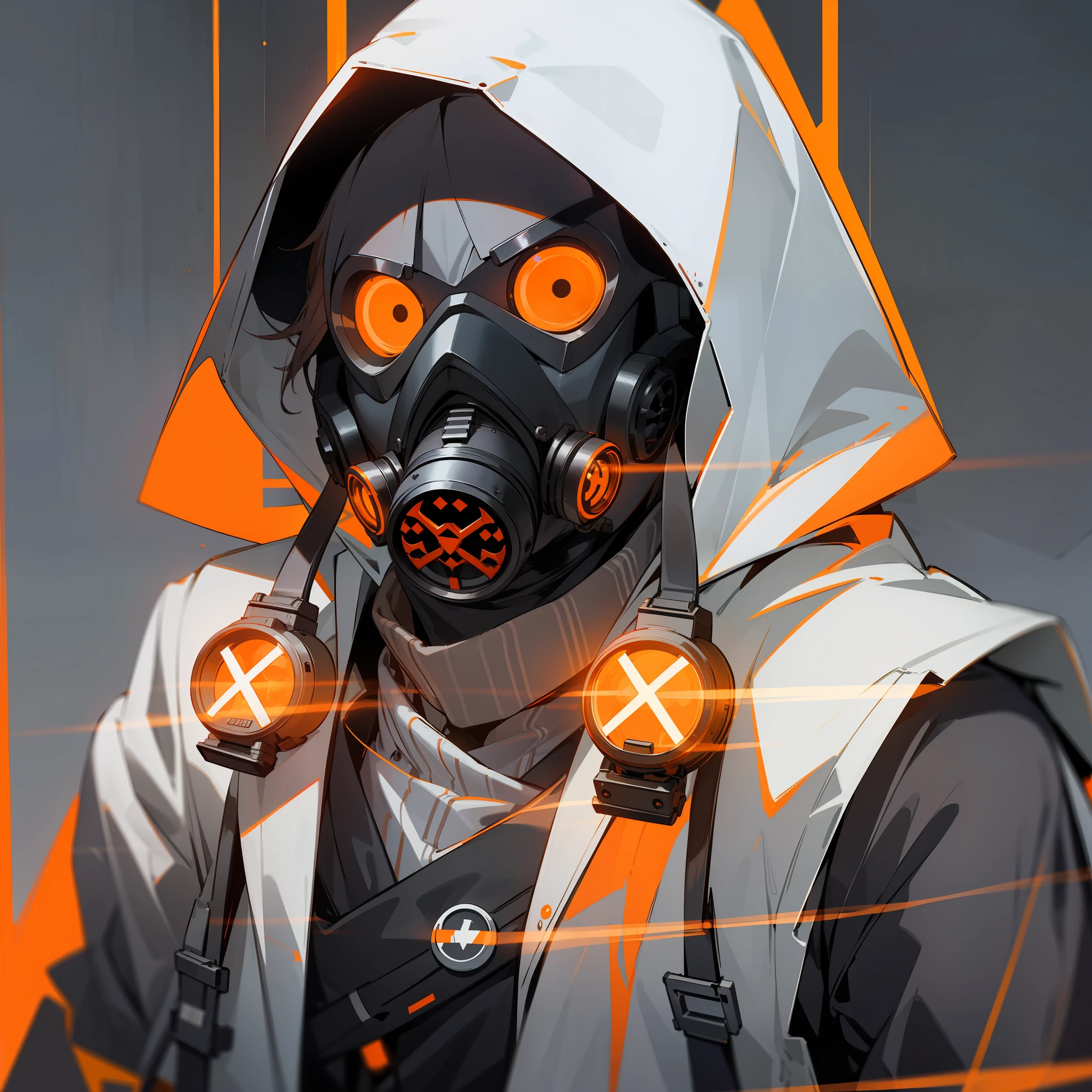 A man with gas mask with neon lights, looking at the viewer, side eye, white hood, gas mask, gas mask orange lights, X-shaped eyes, X-shaped eyes glowing orange, black gloves, white hood, bloodstained clothes, white clothes with blood, white coat, white vest --auto --s2