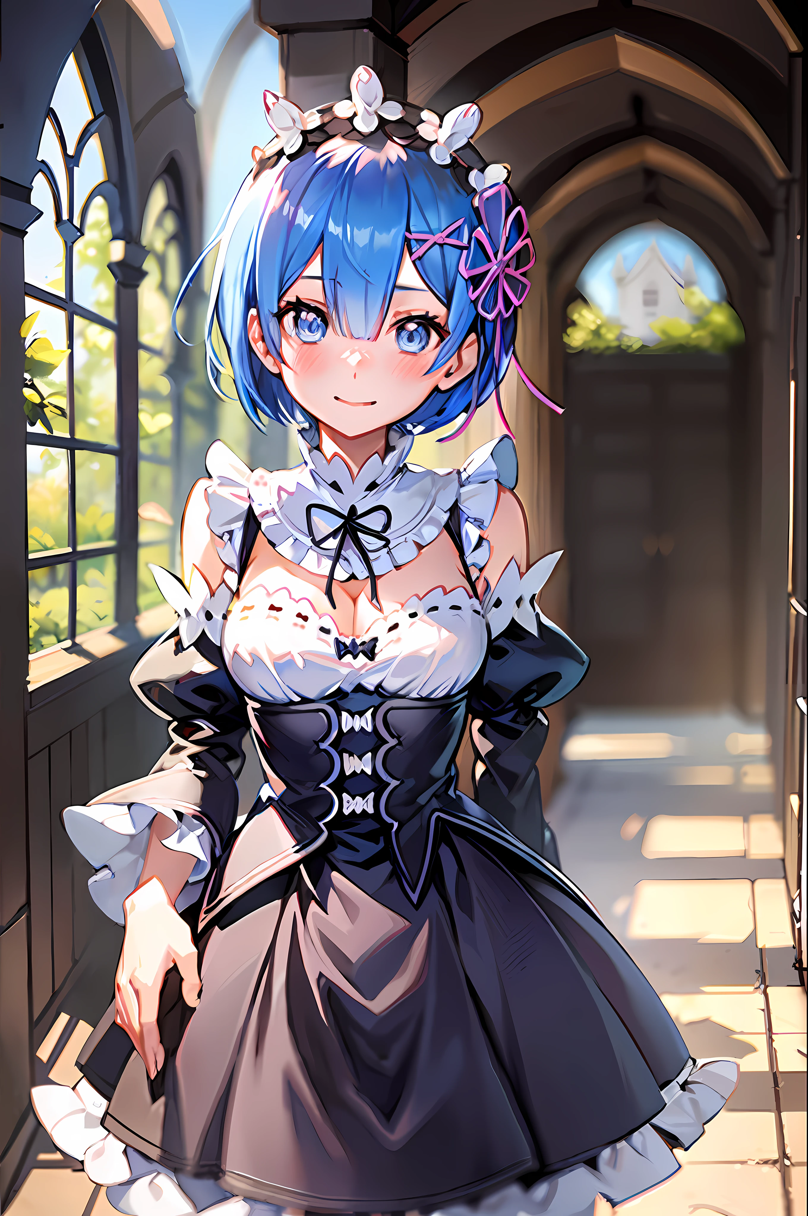 "blue hair, Rem (Re:Zero), [smiling], blushing, castle scenery, masterpiece, best image quality, optimal lighting, a single girl wearing a skirt, with medium-sized breasts, shy expression