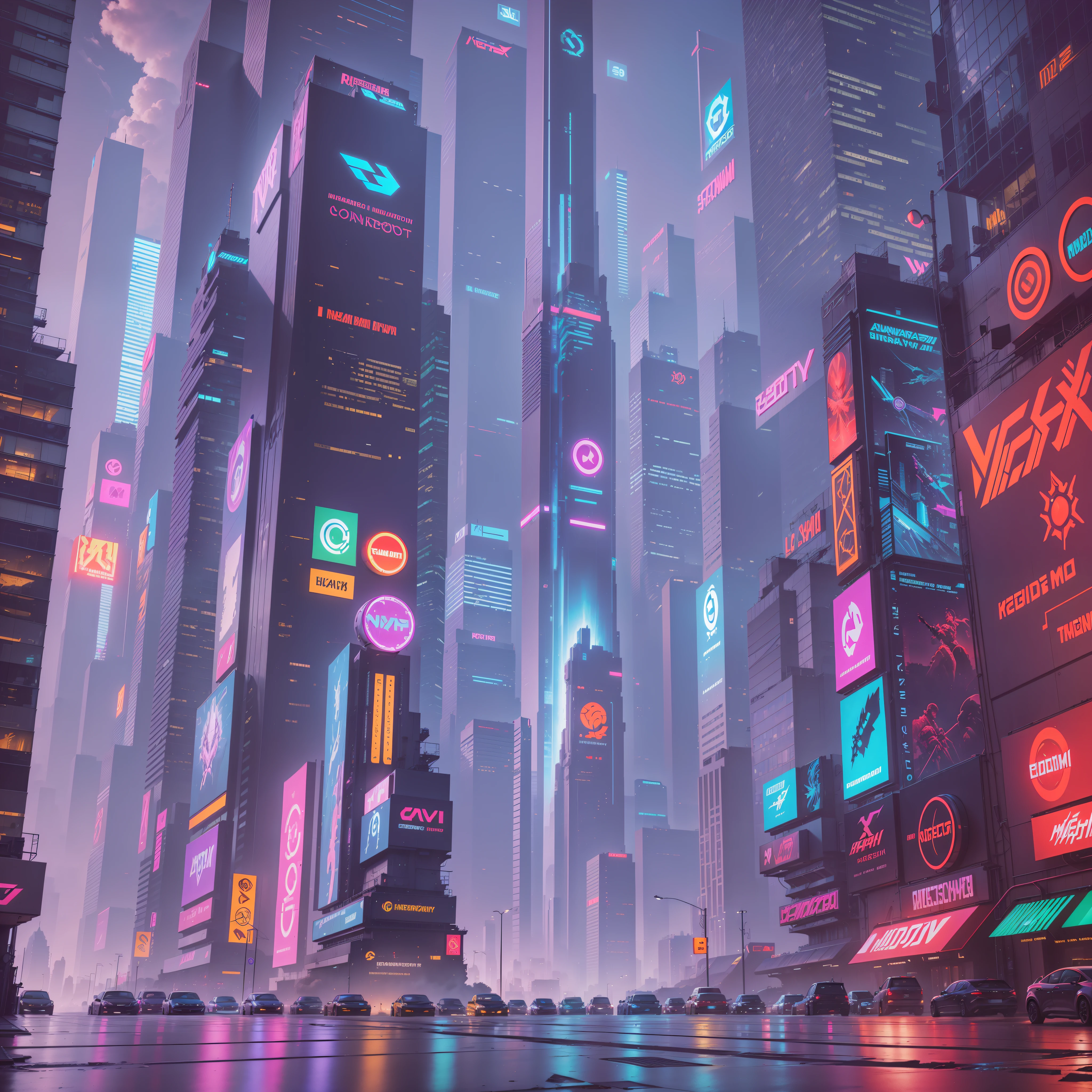 Generate a highly detailed, landscape-oriented banner image depicting a cyberpunk city in a 16:9 aspect ratio. The image should subtly but prominently incorporate elements of video games. Include intricate details that reflect the cyberpunk aesthetic, such as gleaming skyscrapers, flickering neon lights, holographic billboards, and bustling streets. Integrate iconic video game elements, such as masked characters, logos of well-known games, or references to popular titles, in a way that seamlessly blends with the cityscape. Leave a prominent space in the center of the image for inserting a custom logo. The logo should reflect your own design and can represent your brand, username, or any element you wish to highlight. Ensure that the logo integrates harmoniously with the rest of the image, complementing the cyberpunk aesthetic and gaming theme, and adding a distinctive personal touch to the overall composition. --auto --s2