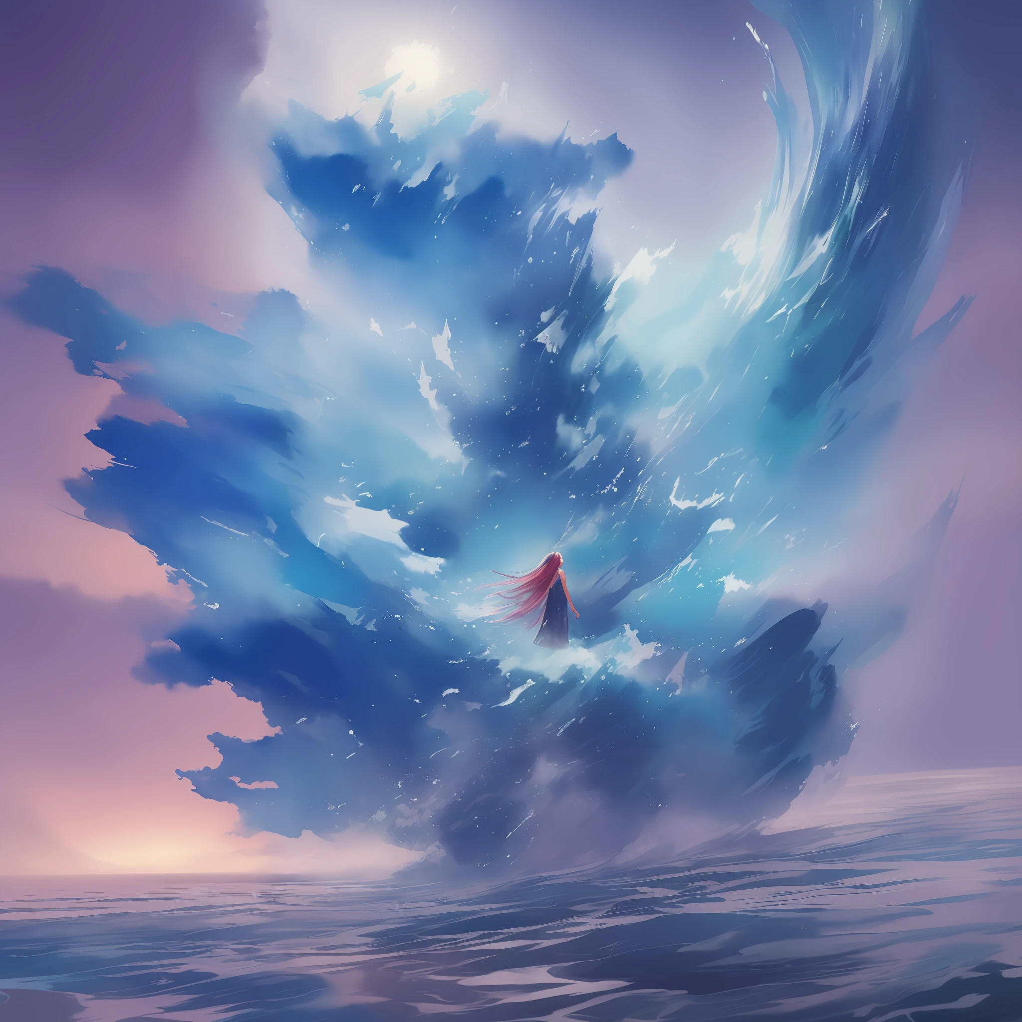1girl, solo, light_blue_hair, liquid hair, long hair, floating hair, full body, standing, sun dress, liquid clothes, iridescent, water, waves, tsunami, tide, sea, water dress, fantasy, high contrast, ink strokes, explosions, on exposure, purple and red tone printing, abstract, ((watercolor painting by John Berkey and Jeremy Mann)) brushstrokes, negative space, perfect lighting, perfect shading, stunning, beautiful, beautiful, (photorealistic: 1.5), bright colors: 0.7, color gradients: 0.5, --auto --s2
