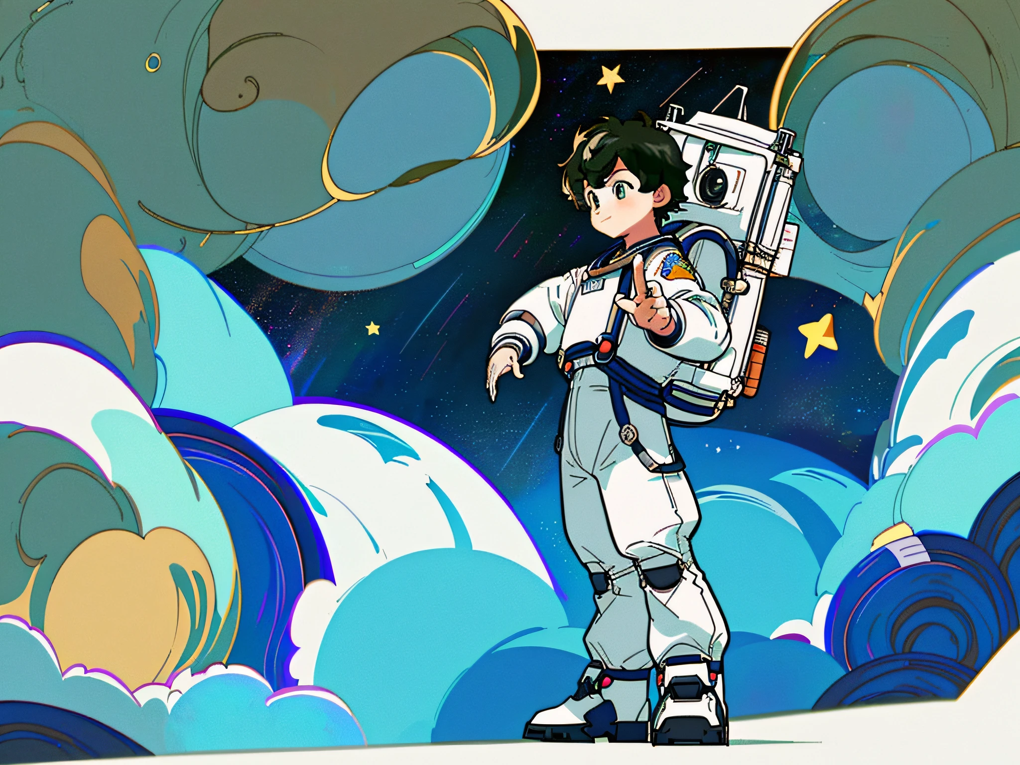((Masterpiece)), ((Best Quality))), (Character Design Sheet, Same Character, Front, Side, Back), Illustration, 1 Boy, Q Version, Astronaut Dressup, Love Snacks, Tech Sense, Environmental Change Scene, Front Thumbs Up Pose, Shangyi Shirt, Star, Charturnbetalora, (Single Background, White Background: 1.3) ,-- 6 different poses, Kawai