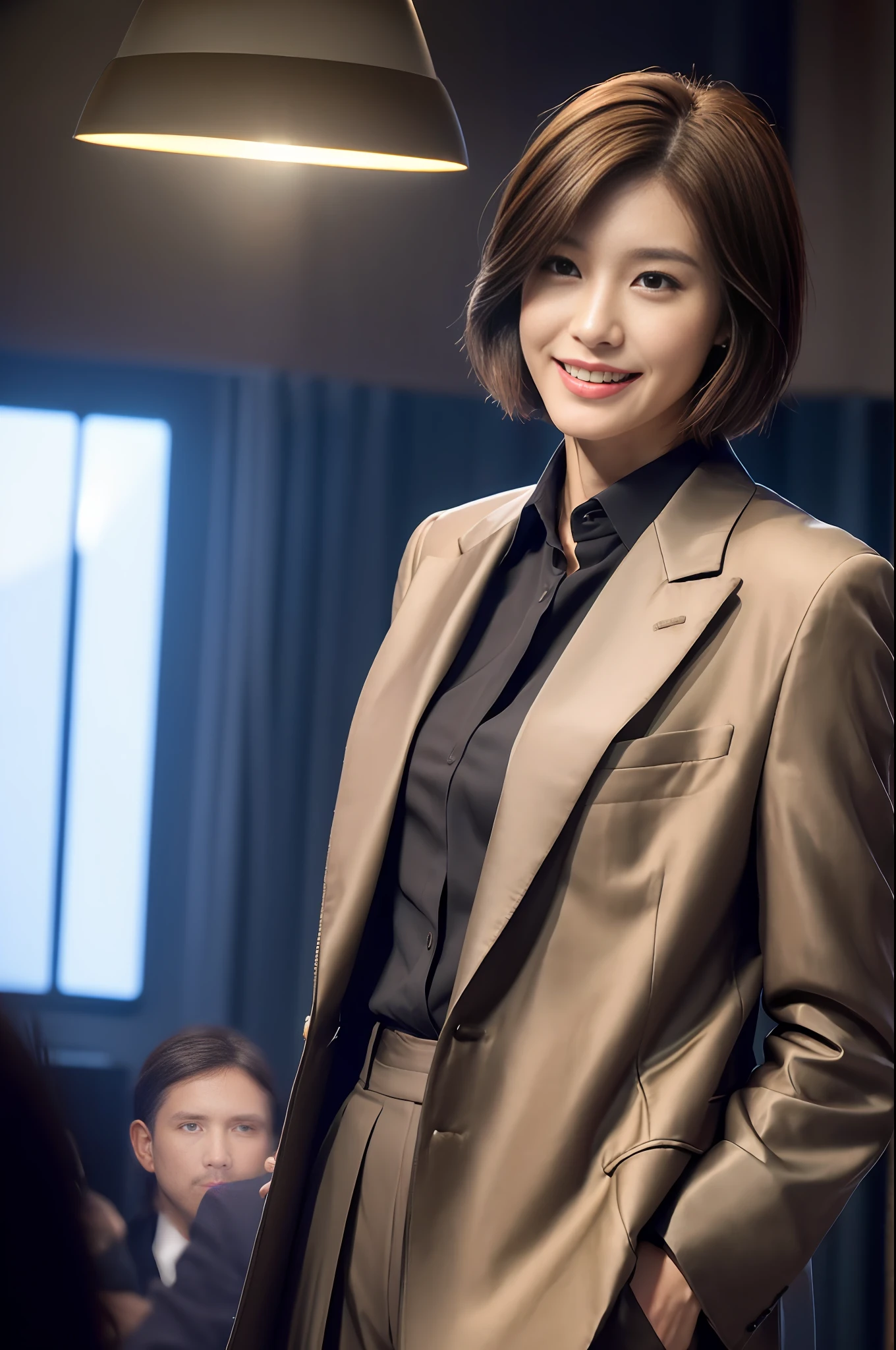 ((Realistic lighting, Best quality, 8K, Masterpiece: 1.3)), Clear focus: 1.2, 1girl, Front lens, Perfect figure beauty: 1.4, ((dark brown hair, short hair)), (Jacket with suit underneath shirt and trousers: 1.4), (In the live room: 1.8), Super fine face, fine eyes, smile