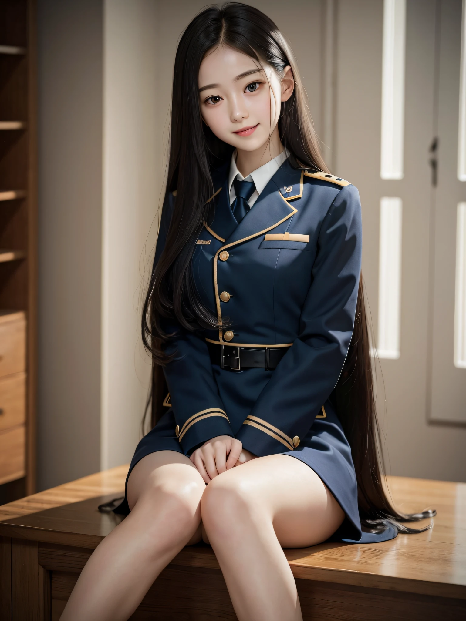 RAW photo, very detailed, soft light, 1 girl, pale skin, Korean, , innocent, sexy, black long hair, bright blue, tilted head, smile, tooth out, uniform, wide thighs, wide thigh gap, knees sitting and hugging, 8k, masterpiece