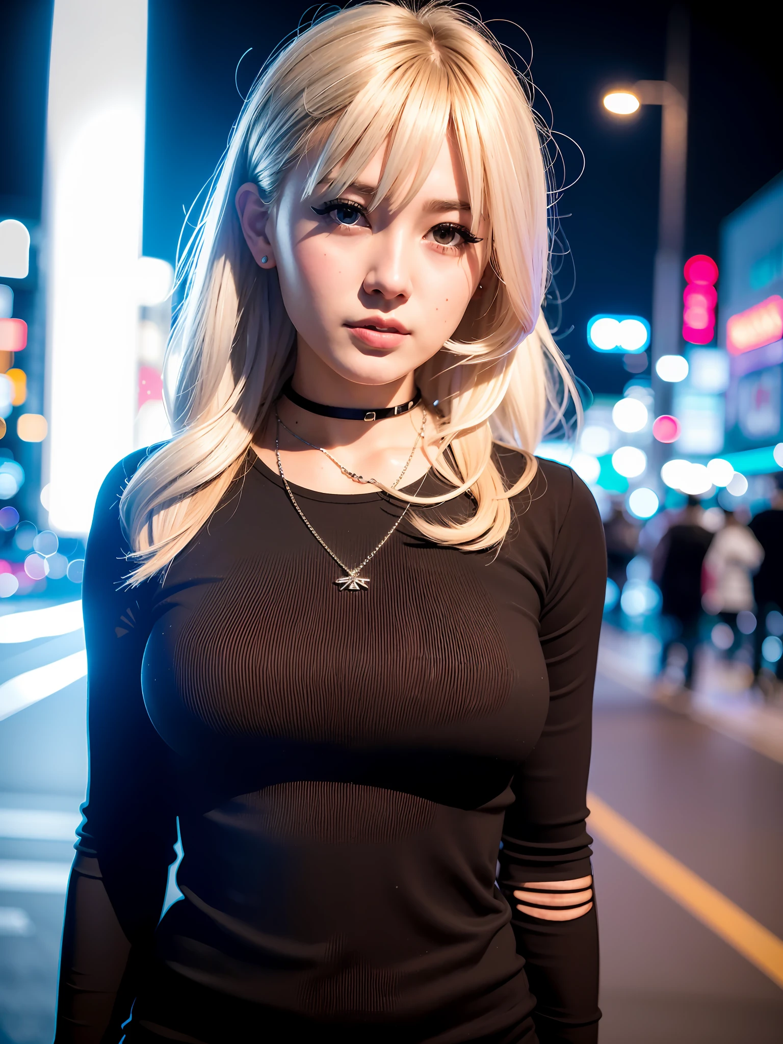 8k, RAW photos, top quality, masterpieces, 1.2, realistic, photorealistic, night, tokyo street, night, cityscape, neon lights, sidewalk, city lights, dark, front lens, close-up, punk fashion, women, Tokyo, 30 years old, silver necklace around the neck, blonde hair, big breasts,