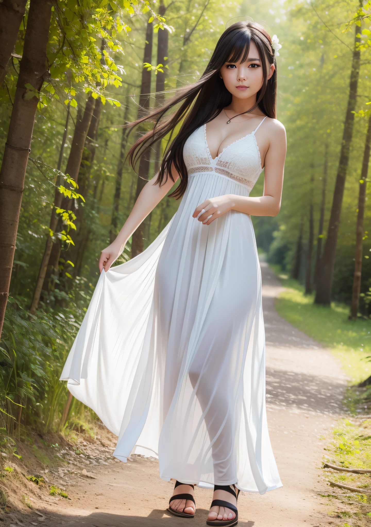 1girl, smile, looking at camera, casual midi dress, village, sharp focus, ultra clarity, forest, solitude, alone, attractive woman 25 years old, traditional farmer dress, adult, smile, walking, village dress, full body, calm face, raw, medium breast, perfect body, bring grass, bring flowers, day, sunray on face, sweaty, detailed skin, white long dress, black long hair, beautiful, extreme ultra super photorealistic, young, cleavage, 8k, ((masterpiece)),best quality, (max quality),high resolution,high details,detailed clear eyes and pupils,