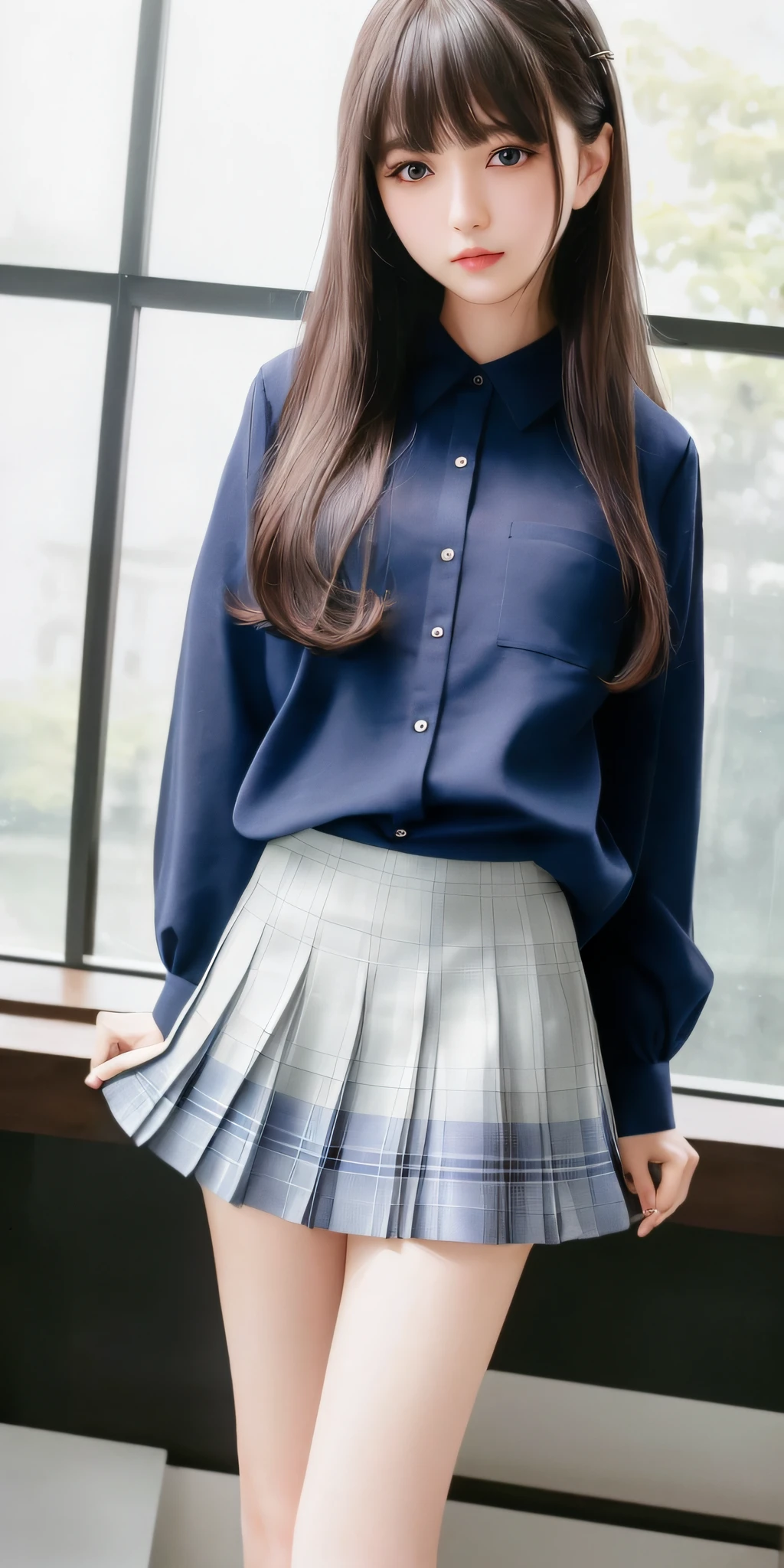 (8K, RAW Photo, Best Quality, Masterpiece: 1.2), (Realistic, Photorealistic: 1.37), Best Quality, Ultra High Resolution, Photon Mapping, Radiosity, Physically Based Rendering, Blurred, Foreground, Depth of Field, Blurry Background, Photo_\ (Medium), Motion Blur, Girl, (Full) Body), Long Legs, Thin Legs, Long Hair, Bangs, (Bangs visible), hair_ornament, Lips, Hair clip, Solo, blue_eyes, Nosesoft, China, White shirt, Grey plaid pleated skirt, Sheer clothing, Black loafers, Thigh Hai, Black cotton socks,