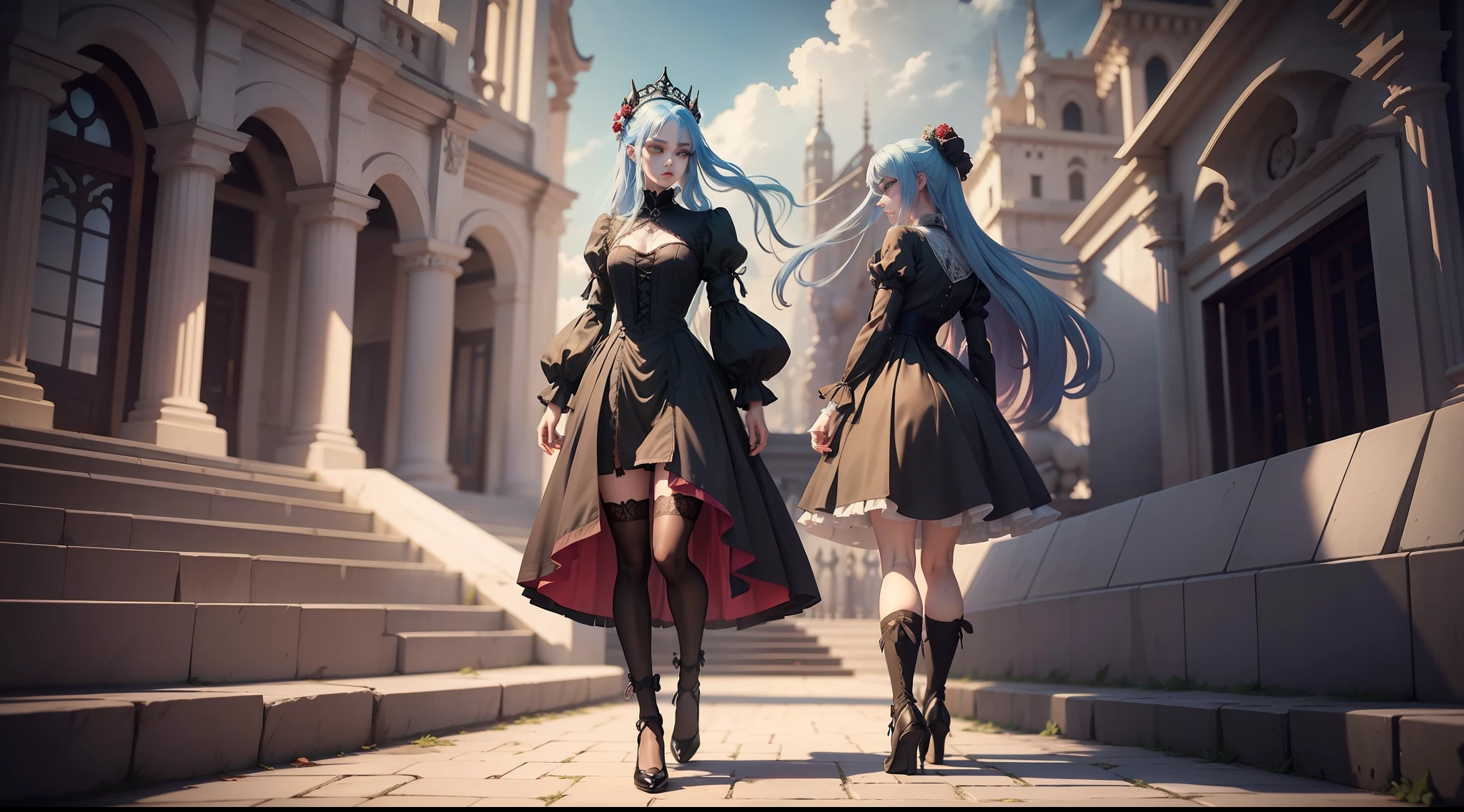 "A Gothic-style anime work from a surrealist perspective, with a classicist approach to depiction, emphasis on chiaroscuro and depth of field, with cinematic lighting effects and Fuji colors. High-resolution textured skin effects down to 3072x3072 in image detail render retina-sharp images a masterpiece. The scene is the court, and the protagonists are the prince and the favored concubine."