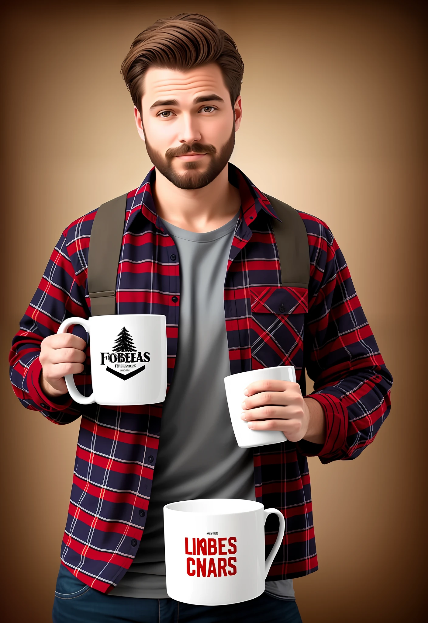 Rustic style man with lumberjack outfit holding several mugs with a magazine background advertising, mugs proportional to all structures of art put a magazine background as if he were on the forbes