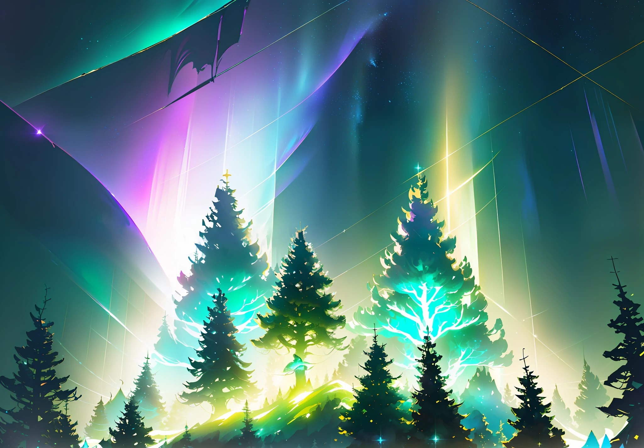 illustration, cinematic light, fantasy, highres, highest quallity, 8k, ultra detailed, best quality, masterpiece,  glowing (elder underworld fantasy) forest plants with neon details, magic particles, stars, green and blue palete, cosmic vibes, magical forest, neon flowers, crystals on the ground, little gems floating, myaterious atmosphere