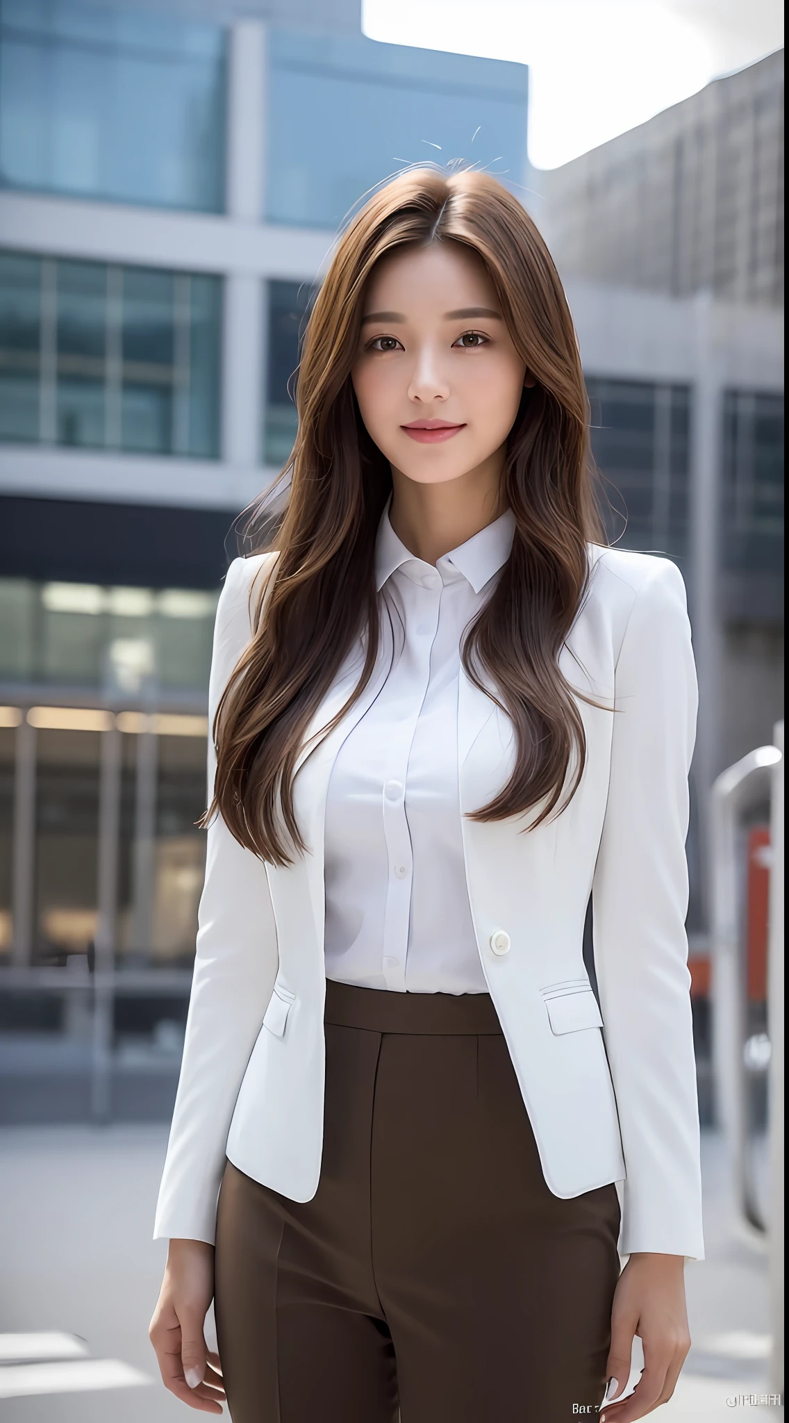 ((top quality, 8k, masterpiece: 1.3)), 1 girl, smile, full body, slim face, pretty woman, (dark brown hair), white blouse, office lady suit: 1.1, pantsuit, not skirt, ultra detailed face, detailed eyes, double eyelids, blurred background, slim face, building construction site, outside, talk on smartphone